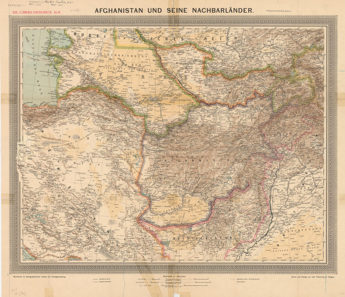 This old map of Afghanistan and Its Neighboring Countries. (Afghanistan Und Seine Nachbarländer) from 1914 was created by Carl Flemming (Firm), F. (Friedrich) Handtke in 1914