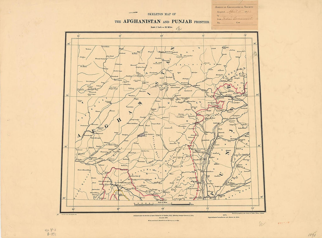 This old map of Skeleton Map of the Afghanistan and Punjab Frontier from 1891 was created by Survey of India, H. R. (Henry Ravenshaw) Thuillier in 1891
