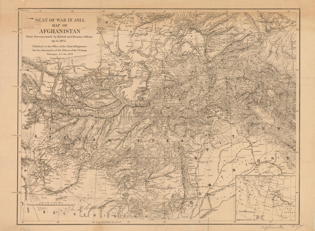 This old map of Seat of War In Asia. Map of Afghanistan from Surveys Made by British and Russian Officers Up to 1875 from 1878 was created by Great Britain, Russia, United States. Army. Office of the Chief of Engineers in 1878