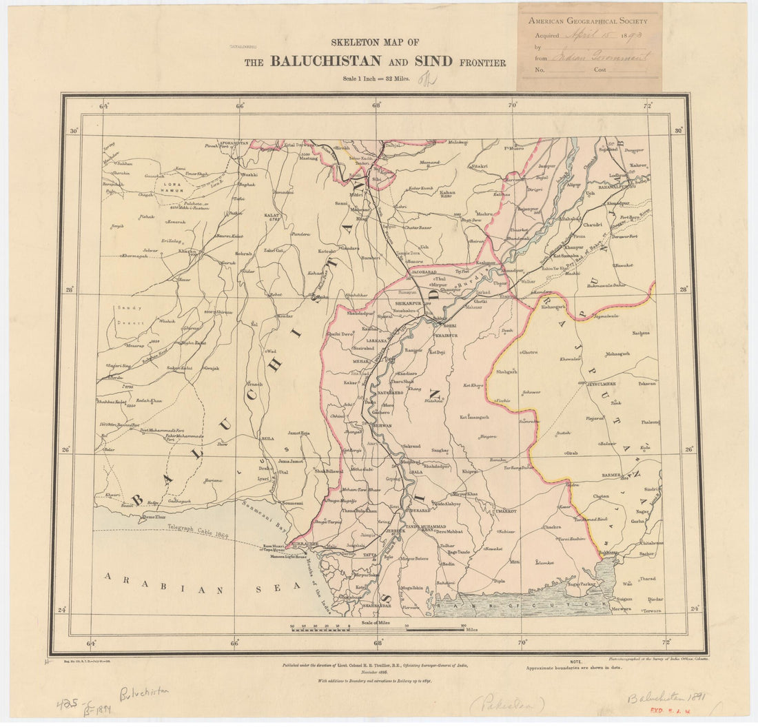 This old map of Skeleton Map of the Baluchistan and Sind Frontier from 1891 was created by Survey of India, H. R. (Henry Ravenshaw) Thuillier in 1891