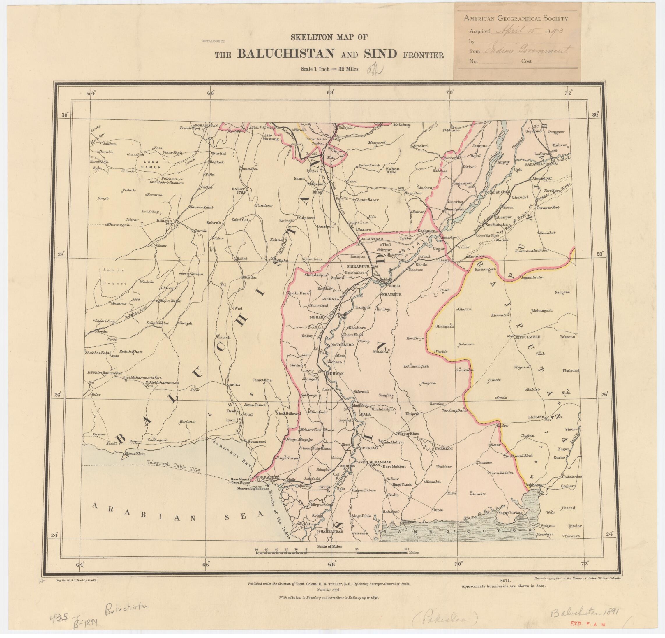 This old map of Skeleton Map of the Baluchistan and Sind Frontier from 1891 was created by Survey of India, H. R. (Henry Ravenshaw) Thuillier in 1891