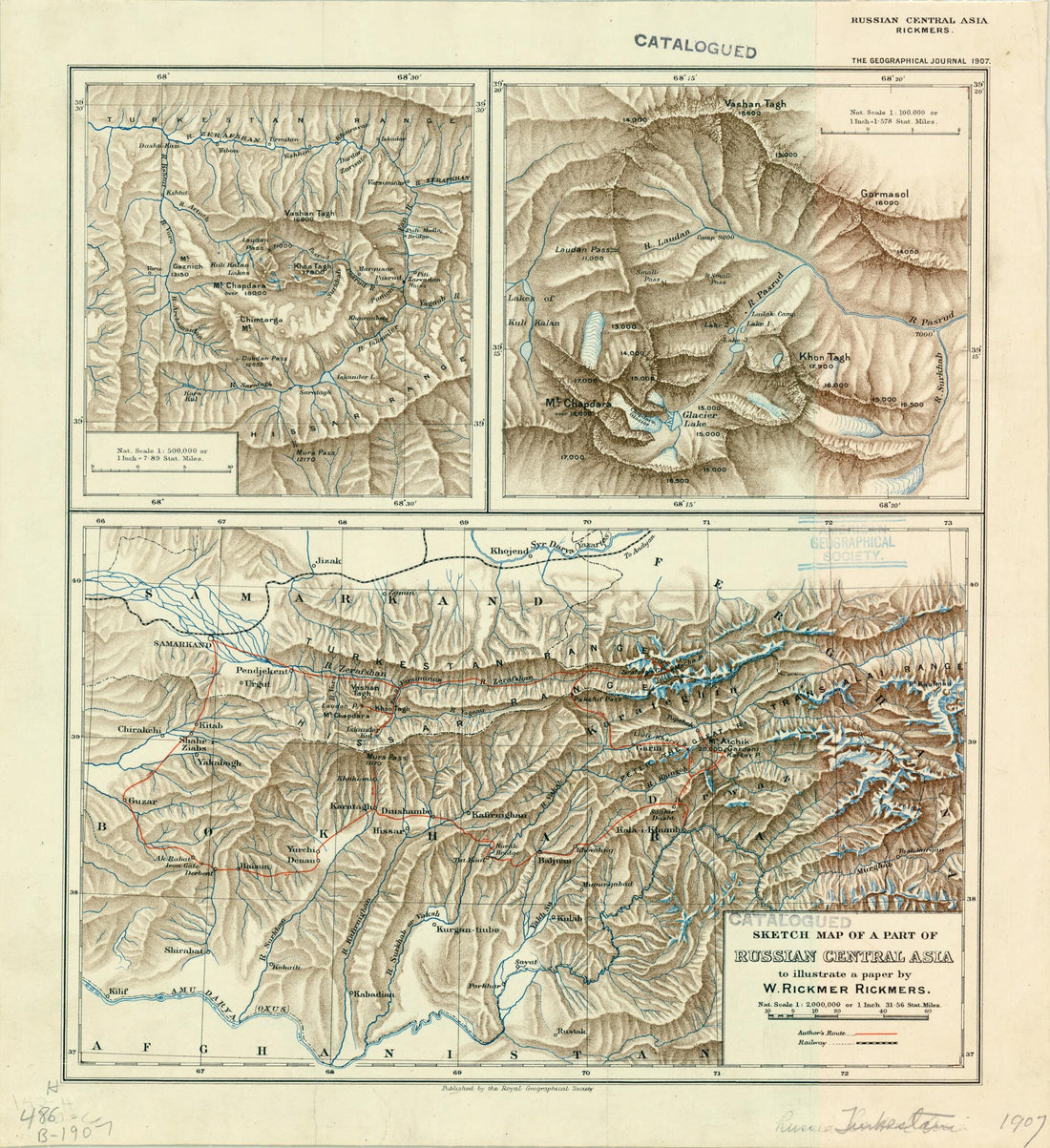 This old map of Sketch Map of a Part of Russian Central Asia to Illustrate a Paper by W. Rickmer Rickmers from 1907 was created by Royal Geographical Society (Great Britain) in 1907