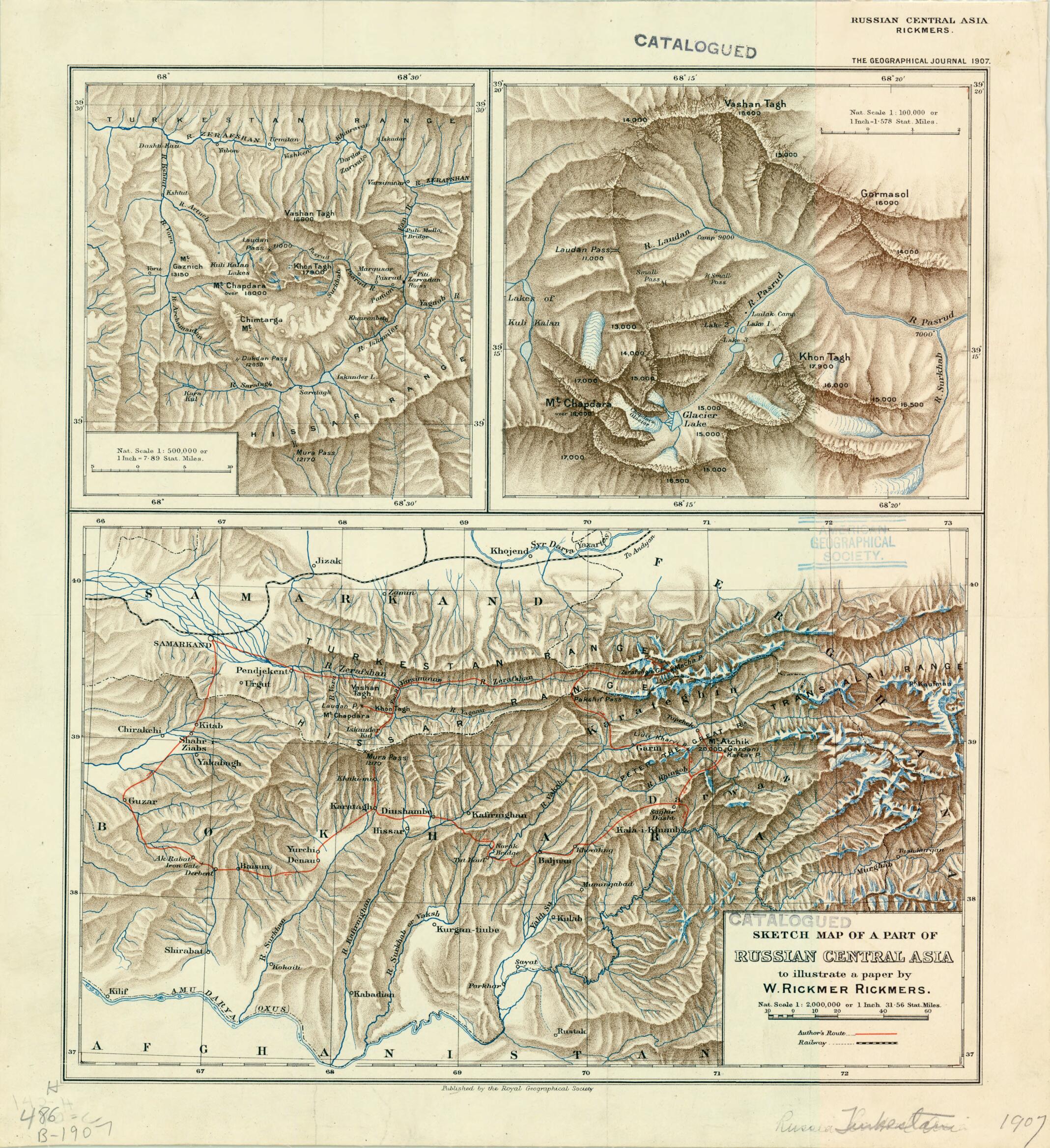 This old map of Sketch Map of a Part of Russian Central Asia to Illustrate a Paper by W. Rickmer Rickmers from 1907 was created by Royal Geographical Society (Great Britain) in 1907