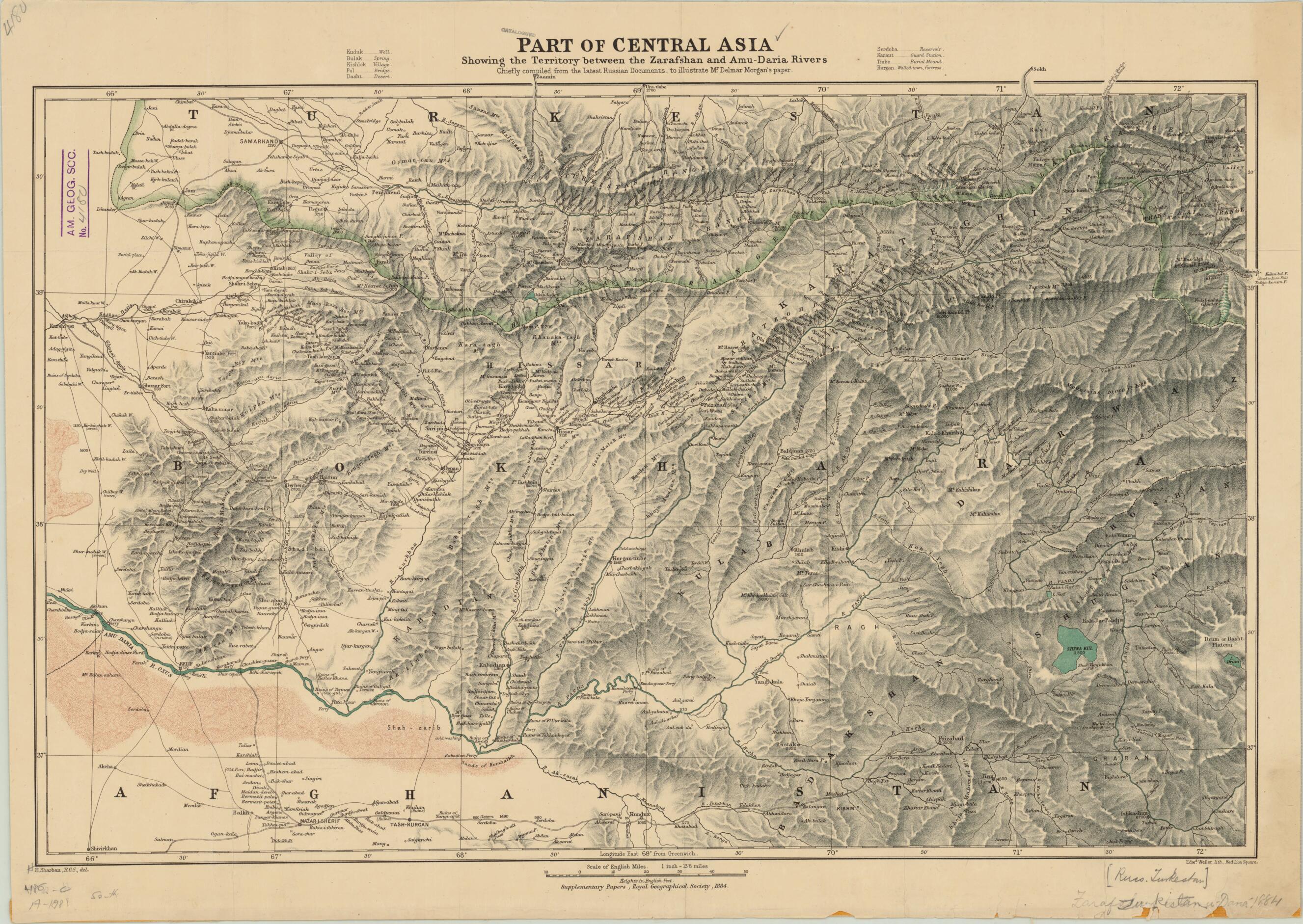 This old map of Part of Central Asia, Showing the Territory Between Zarafshan and Amu Darya Rivers, Chiefly Compiled from the Latest Russian Documents to Illustrate Mr. Delmar Morgan&
