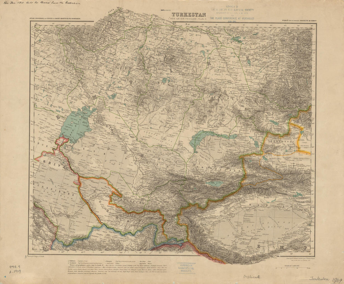 This old map of Turkestan. Asia In Ten Folios. Folio II. (Turkestan. Asie En Dix Feuilles. Feuille II) from 1909 was created by David Aïtoff, Gustave Bagge, E. Delaune, Dufrénoy (Firm), P. Vorzet, Franz Schrader, Louis Martin in 1909