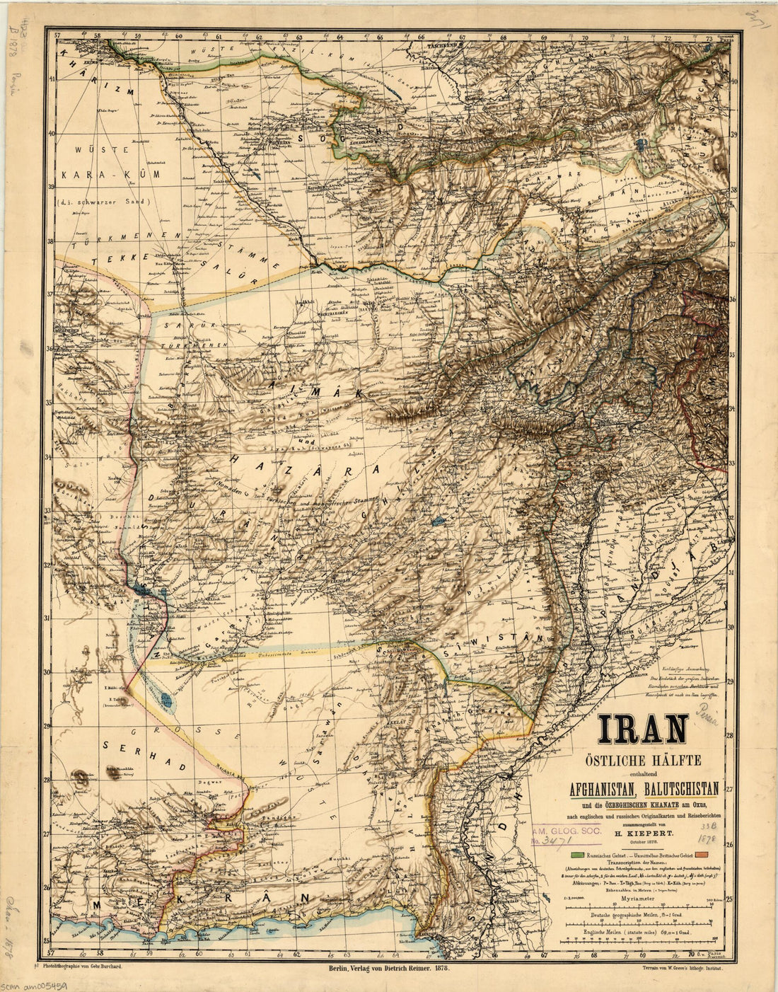 This old map of Iran. Eastern Half Including Afghanistan, Baluchistan, and the Uzbek Khanate On the Oxus. (Iran. Östliche Halfte Enthaltend Afghanistan, Balutschistan, Und Die Özbeghischen Khanate Am Oxus) from 1878 was created by Gebrueder Burchard, W