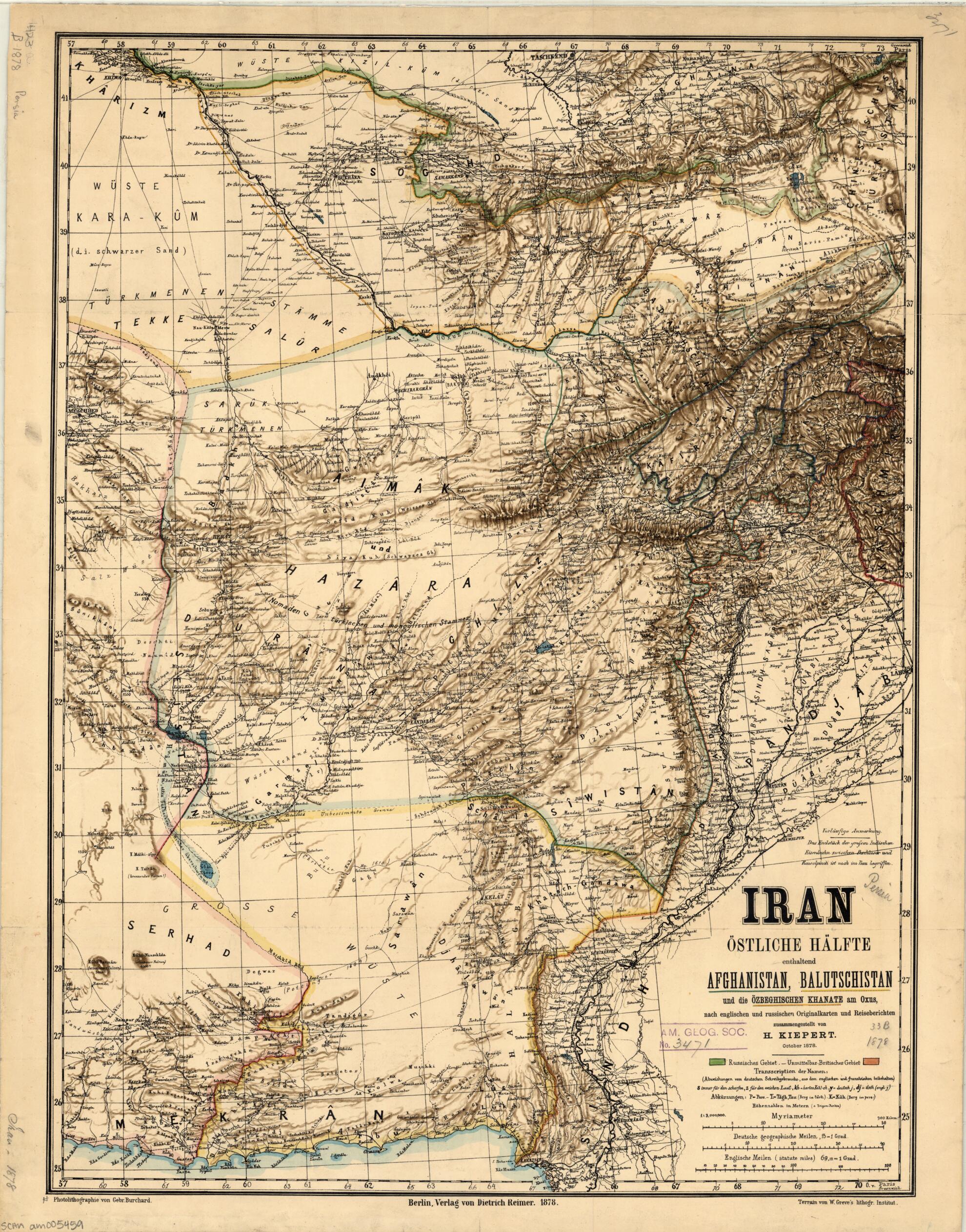 This old map of Iran. Eastern Half Including Afghanistan, Baluchistan, and the Uzbek Khanate On the Oxus. (Iran. Östliche Halfte Enthaltend Afghanistan, Balutschistan, Und Die Özbeghischen Khanate Am Oxus) from 1878 was created by Gebrueder Burchard, W