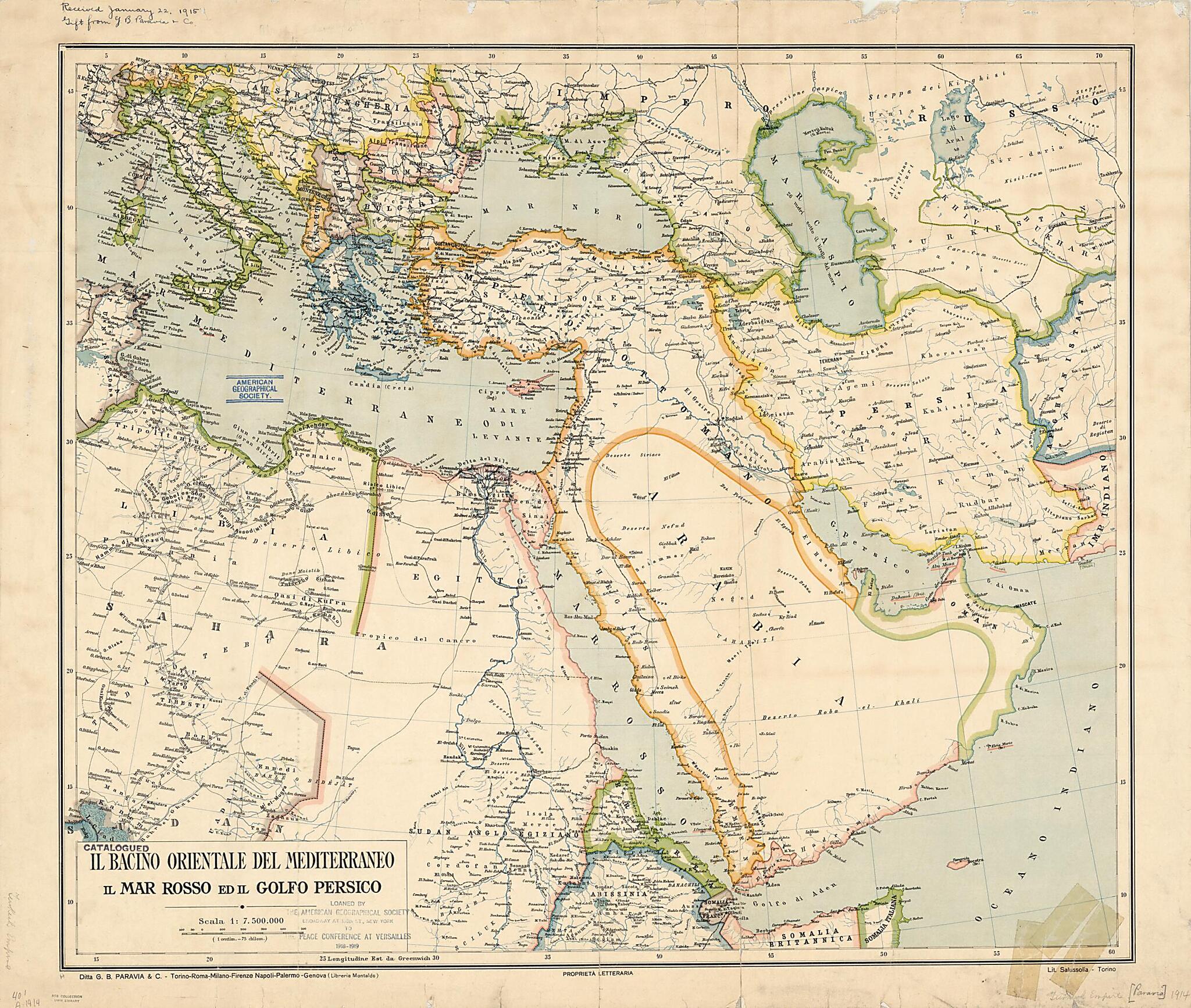 This old map of The Eastern Basin of the Mediterranean, the Red Sea, and the Persian Gulf. (Il Bacino Orientale Del Mediterraneo Il Mar Rosso Ed Il Golfo Persico) from 1890 was created by Paravia (Firm), Salussolia in 1890