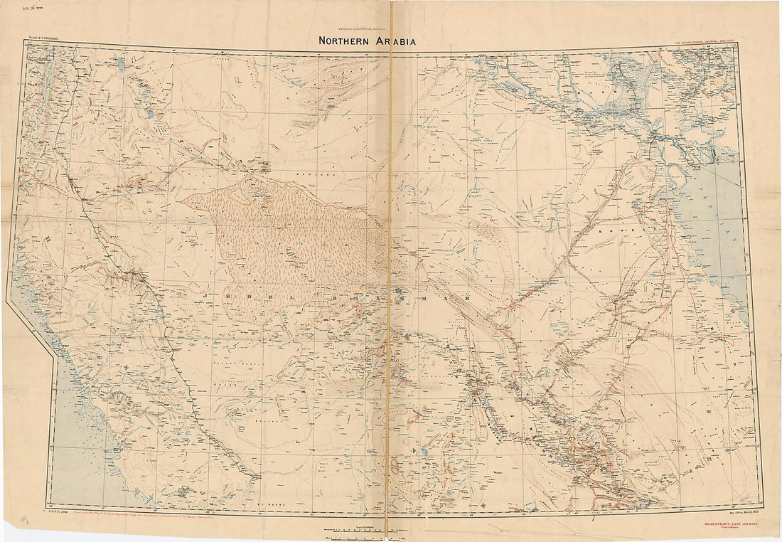 This old map of Northern Arabia from 1922 was created by Douglas Carruthers, Great Britain. War Office. General Staff. Geographical Section, Royal Geographical Society (Great Britain) in 1922