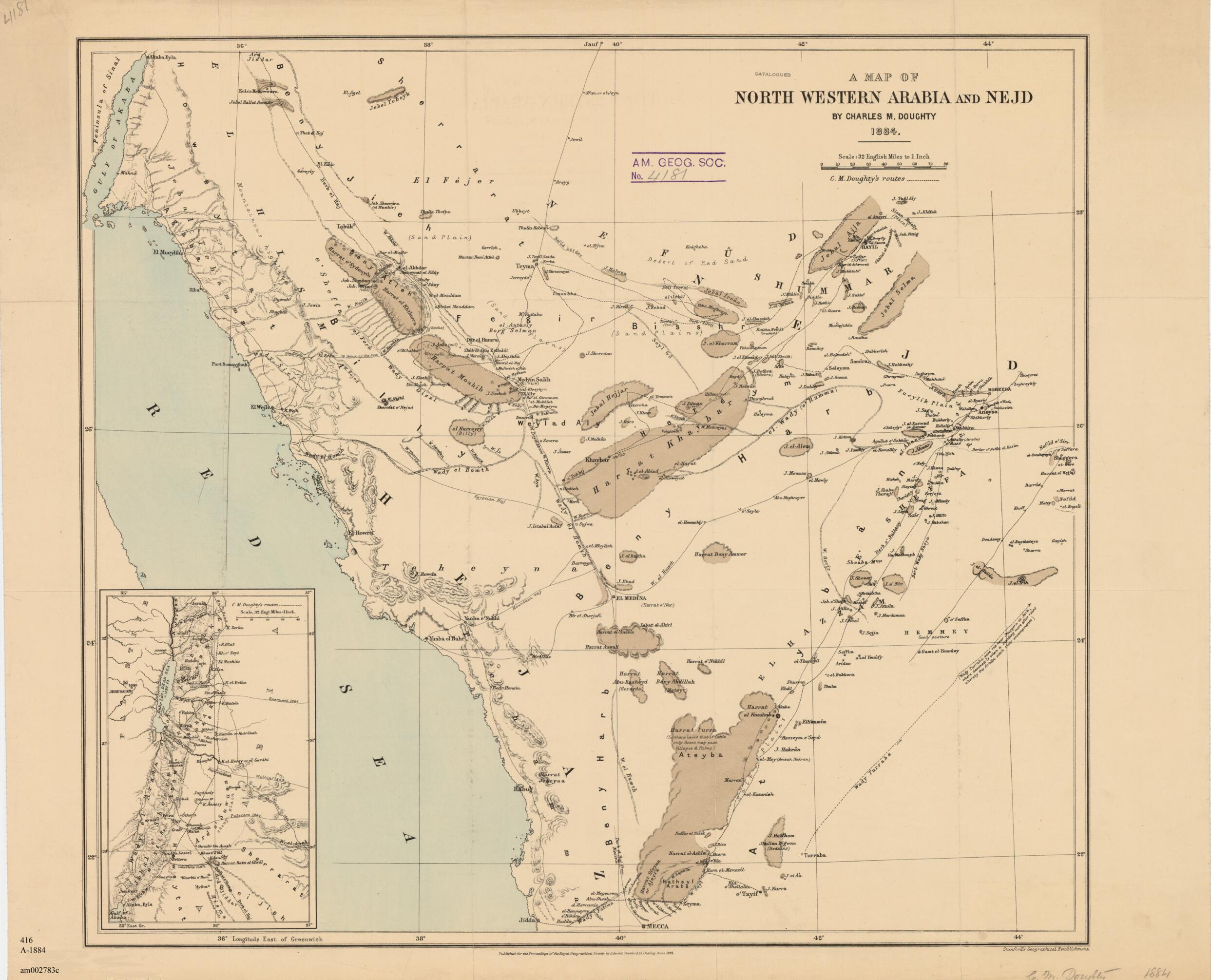 This old map of A Map of North Western Arabia and Nejd from 1884 was created by Charles Montagu Doughty, Royal Geographical Society (Great Britain) in 1884