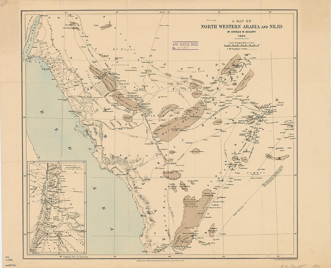 This old map of A Map of North Western Arabia and Nejd from 1884 was created by Charles Montagu Doughty, Royal Geographical Society (Great Britain) in 1884