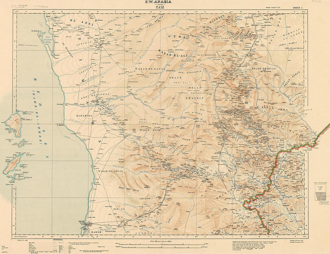 This old map of Southwest Arabia: Taiz, Sheet 1. (S.W. Arabia: Taiz, Sheet 1) from 1916 was created by Great Britain. War Office. General Staff. Geographical Section, Francis Richard Maunsell in 1916