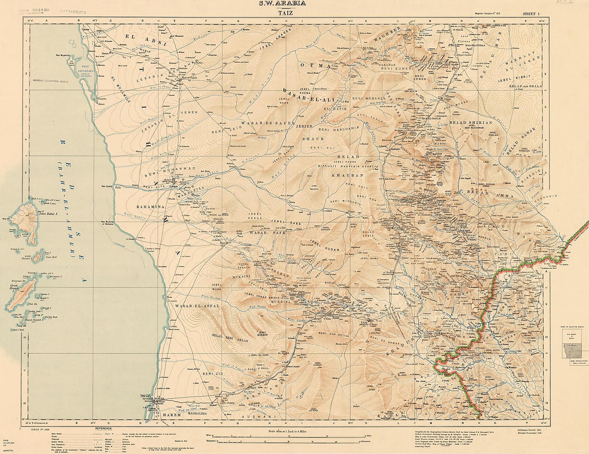 This old map of Southwest Arabia: Taiz, Sheet 1. (S.W. Arabia: Taiz, Sheet 1) from 1916 was created by Great Britain. War Office. General Staff. Geographical Section, Francis Richard Maunsell in 1916