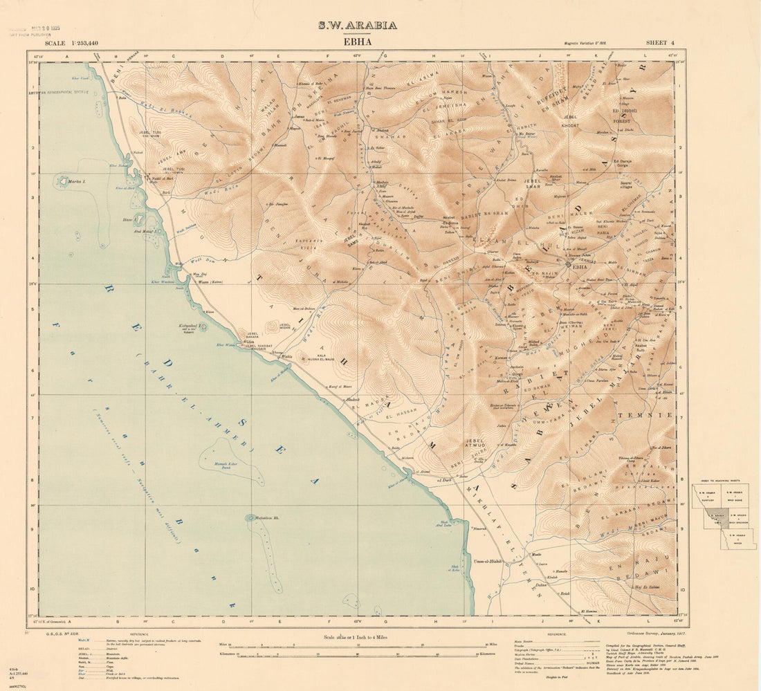 This old map of Southwest Arabia: Ebha, Sheet 4. (S.W. Arabia: Ebha, Sheet 4) from 1917 was created by Great Britain. War Office. General Staff. Geographical Section, Francis Richard Maunsell in 1917