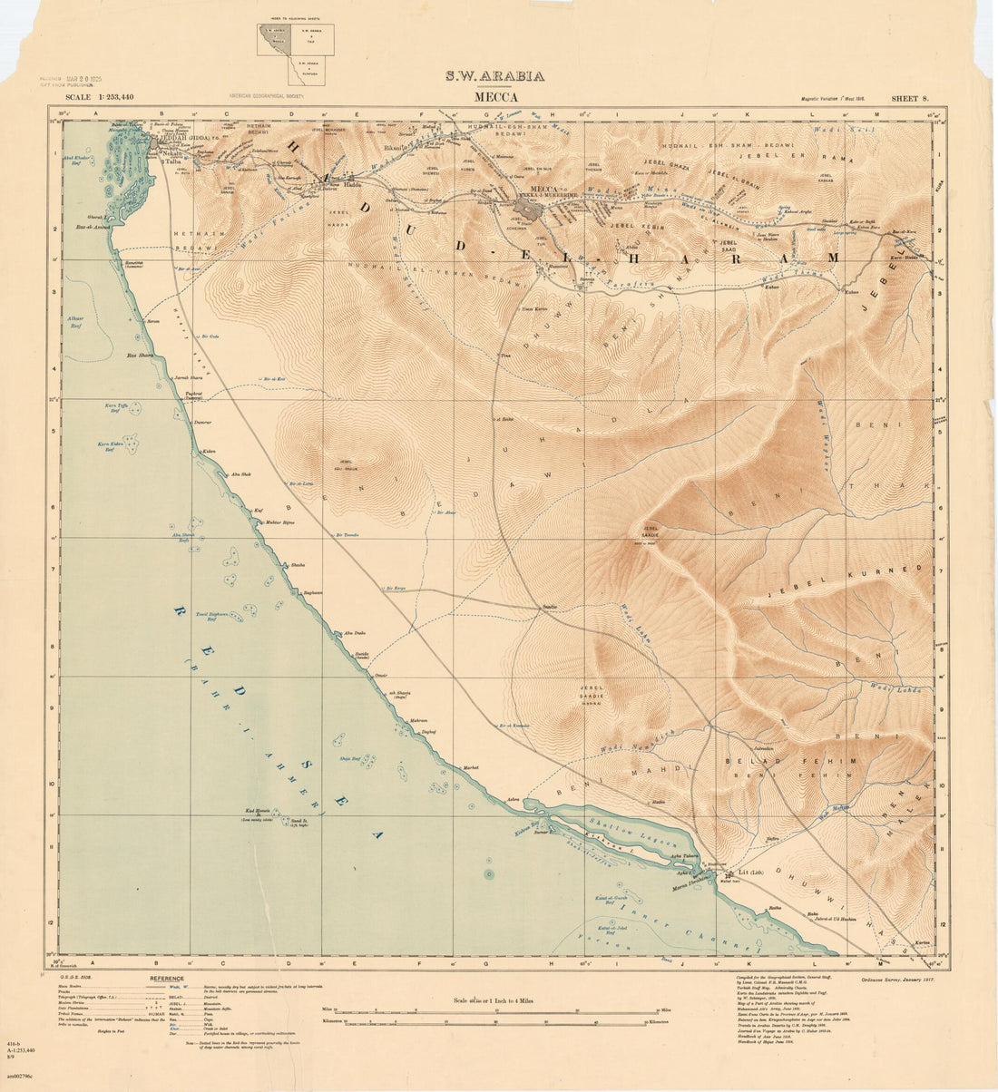 This old map of Southwest Arabia: Mecca, Sheet 8. (S.W. Arabia: Mecca, Sheet 8) from 1917 was created by Great Britain. War Office. General Staff. Geographical Section, Francis Richard Maunsell in 1917