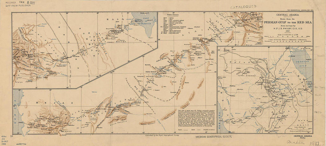 This old map of Central Arabia: Route from the Persian Gulf to the Red Sea from 1920 was created by H. St. J. B. (Harry St. John Bridger) Philby, Royal Geographical Society (Great Britain) in 1920