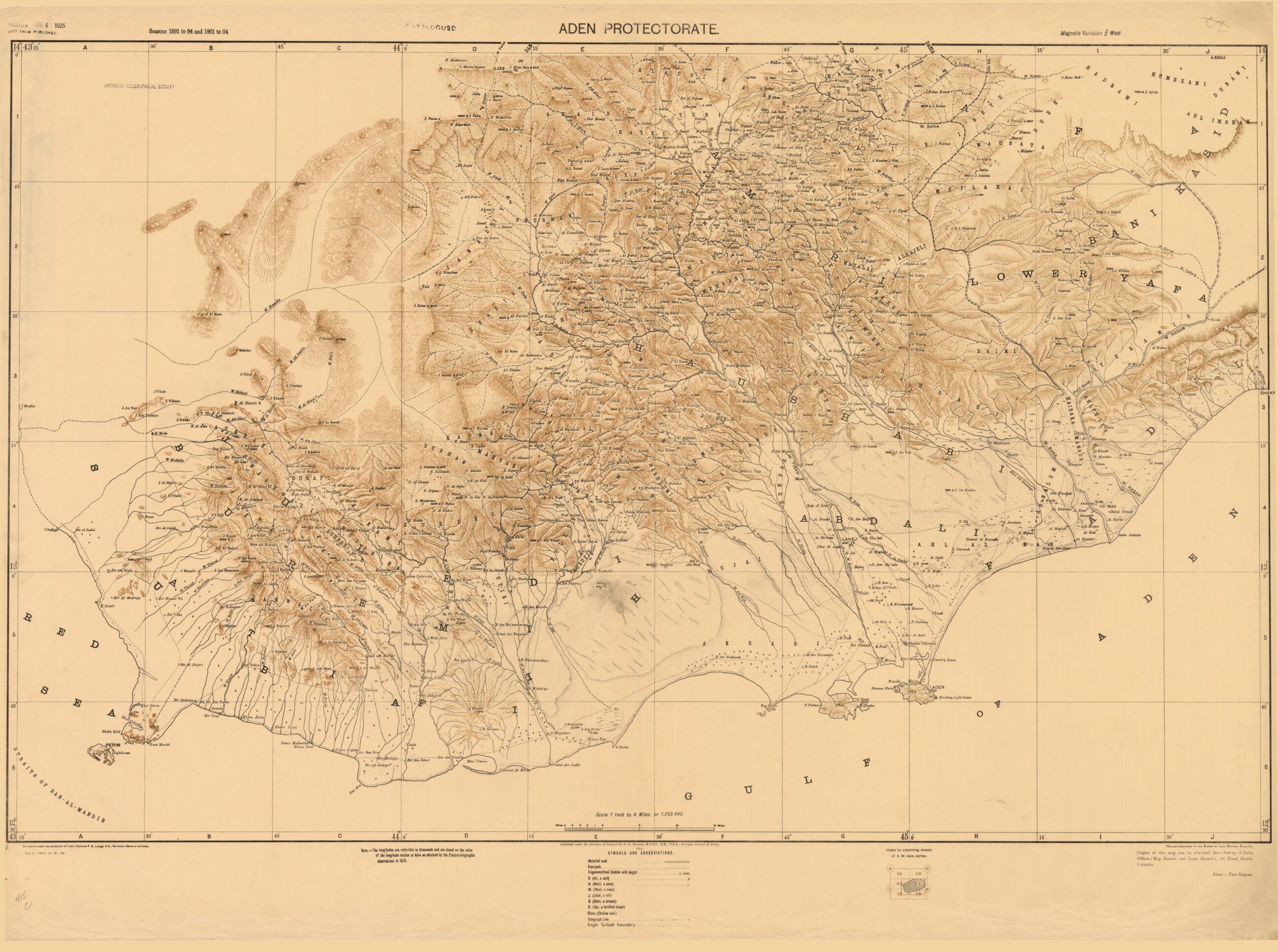 This old map of Aden Protectorate from 1914 was created by Sidney Gerald Burrard, F.B. Longe, Survey of India in 1914