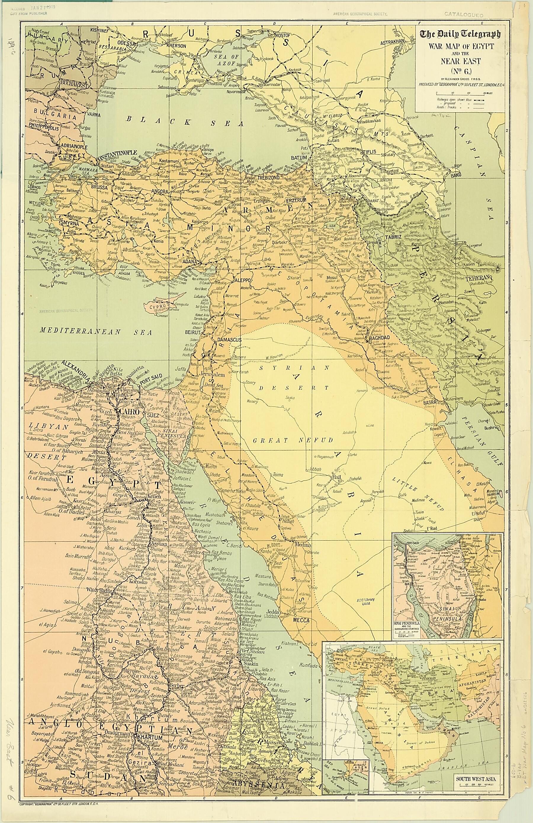 This old map of The Daily Telegraph War Map of Egypt and the Near East (Number 6) from 1918 was created by Alexander Gross, The Daily Telegraph in 1918