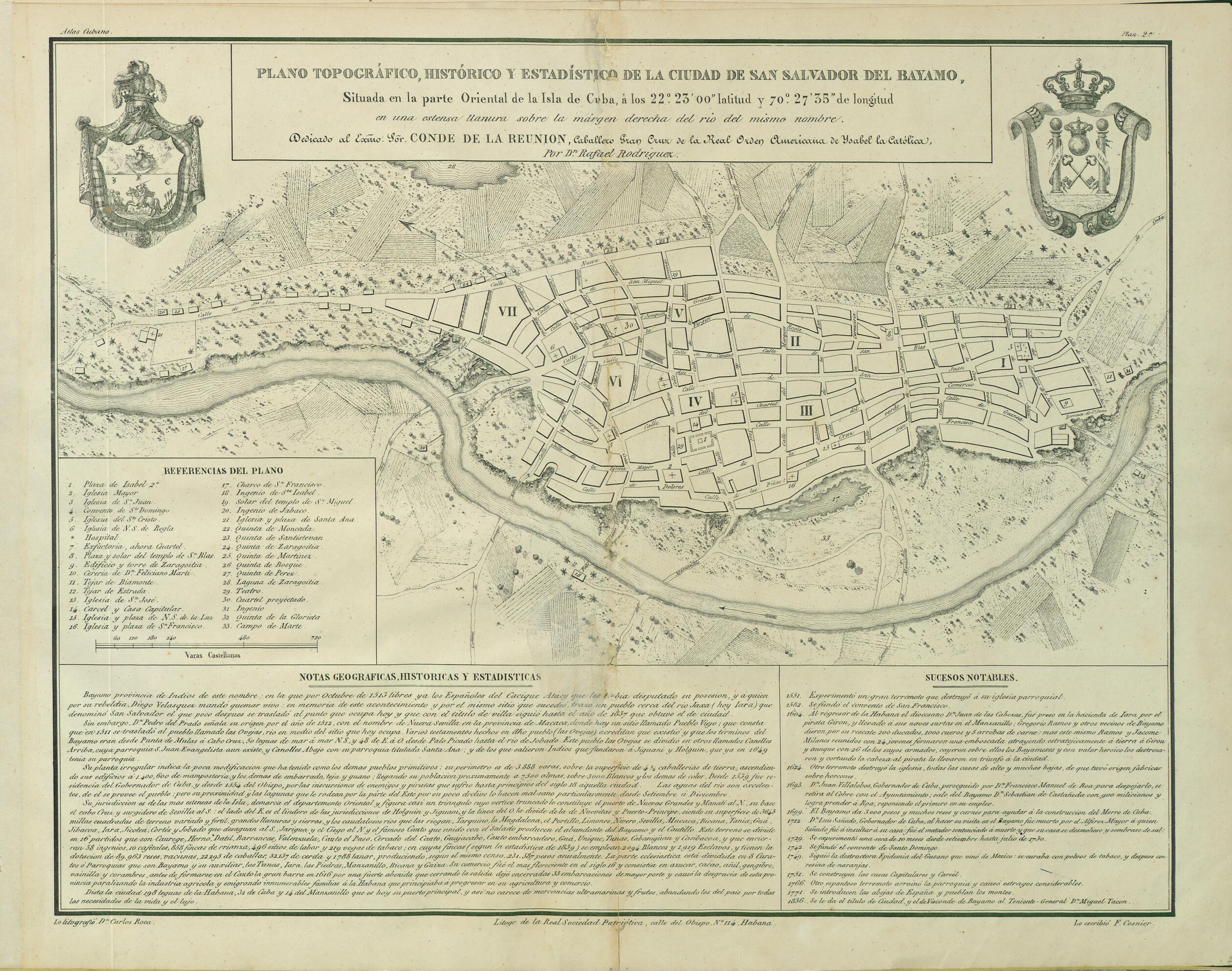 This old map of Topographical, Historical, and Statistical Map of the City of San Salvador De Bayamo. (Plano Topográfico, Histórico Y Estadístico De La Ciudad De San Salvador De Bayamo) from 1841 was created by F. Cosnier, Carlos Roca, Rafael Rodrígu