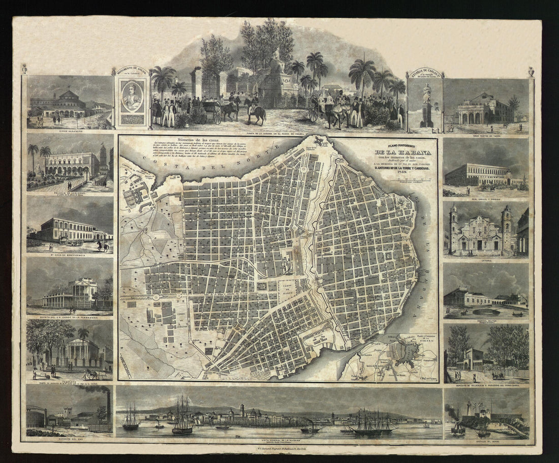 This old map of Picturesque Map of Havana With House Numbers. (Plano Pintoresco De La Habana Con Los Números De Las Casas) from 1849 was created by William S. Barnard, Frédéric Mialhe, José María De La Torre in 1849
