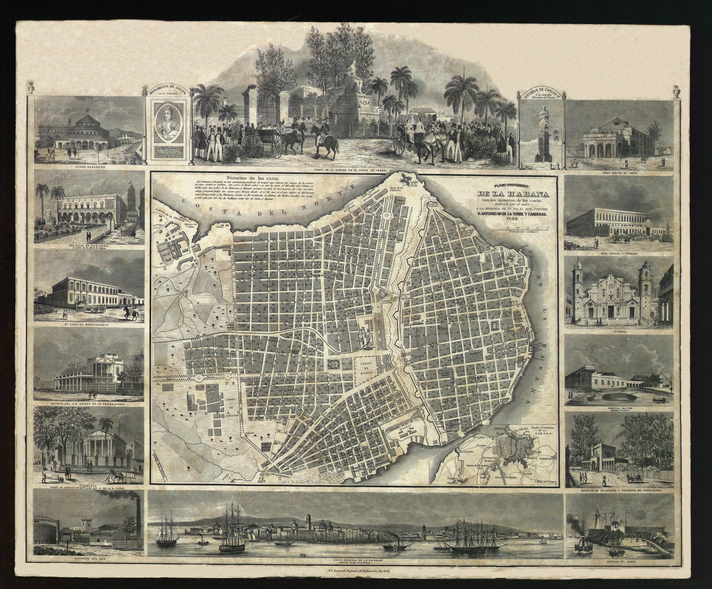 This old map of Picturesque Map of Havana With House Numbers. (Plano Pintoresco De La Habana Con Los Números De Las Casas) from 1849 was created by William S. Barnard, Frédéric Mialhe, José María De La Torre in 1849