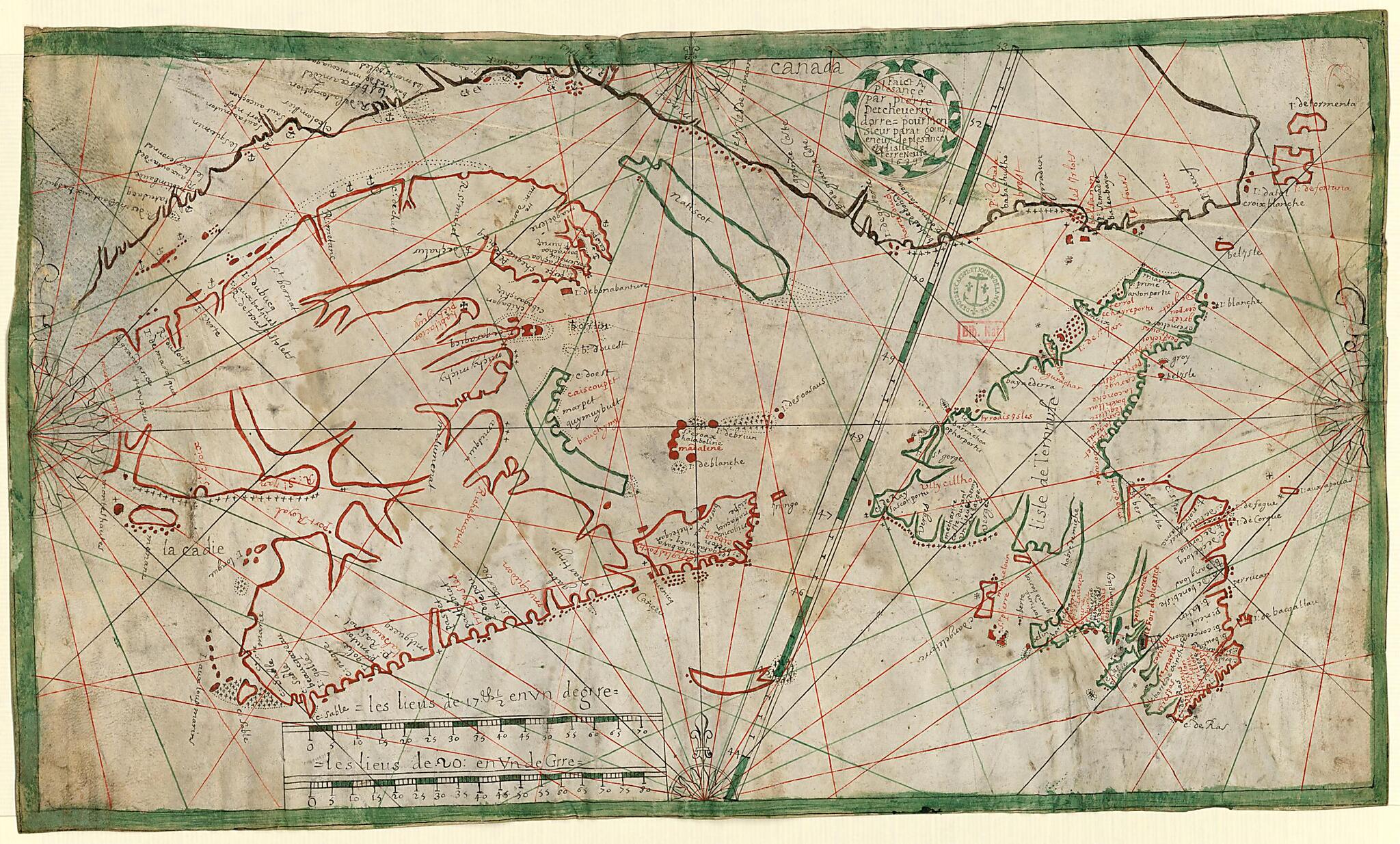 This old map of Map of the Island of Newfoundland, from 1689 was created by Pierre Detcheverry in 1689