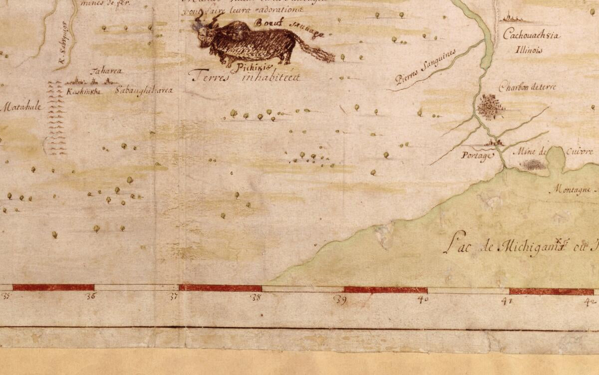This old map of Map of the New Discovery Made by the Jesuit Fathers In 1672 and Continued by Father Jacques Marquette, from the Same Group, Accompanied by a Few Frenchmen In the Year from 1673, Named Manitounie. (Carte De La Nouvelle Découverte Que Les RR. Pères  was created by Louis Jolliet, Jacques Marquette in 1673
