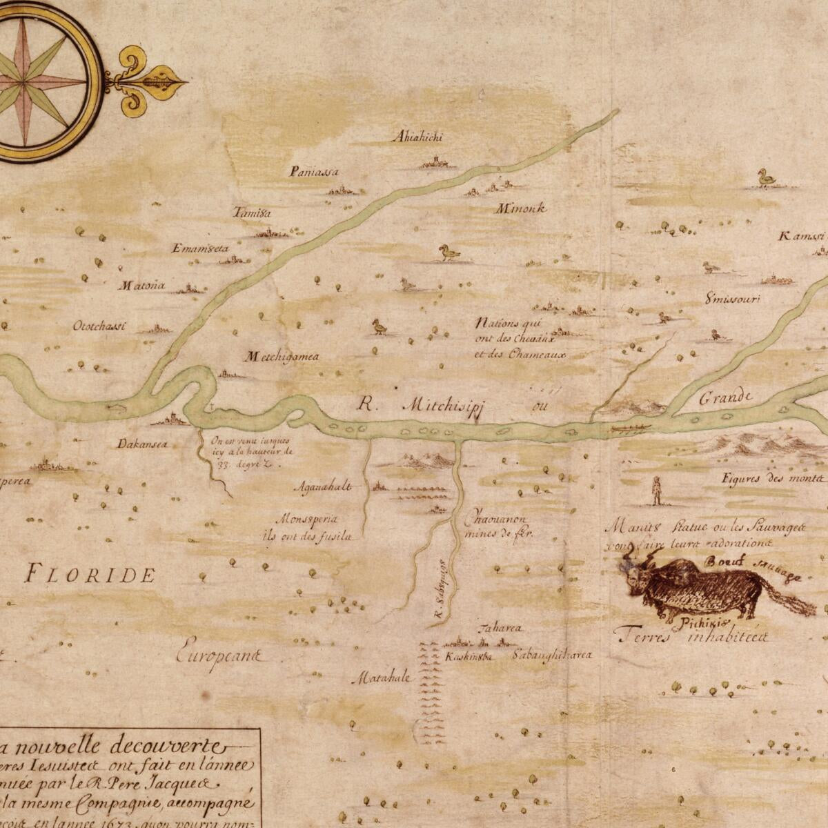 This old map of Map of the New Discovery Made by the Jesuit Fathers In 1672 and Continued by Father Jacques Marquette, from the Same Group, Accompanied by a Few Frenchmen In the Year from 1673, Named Manitounie. (Carte De La Nouvelle Découverte Que Les RR. Pères  was created by Louis Jolliet, Jacques Marquette in 1673