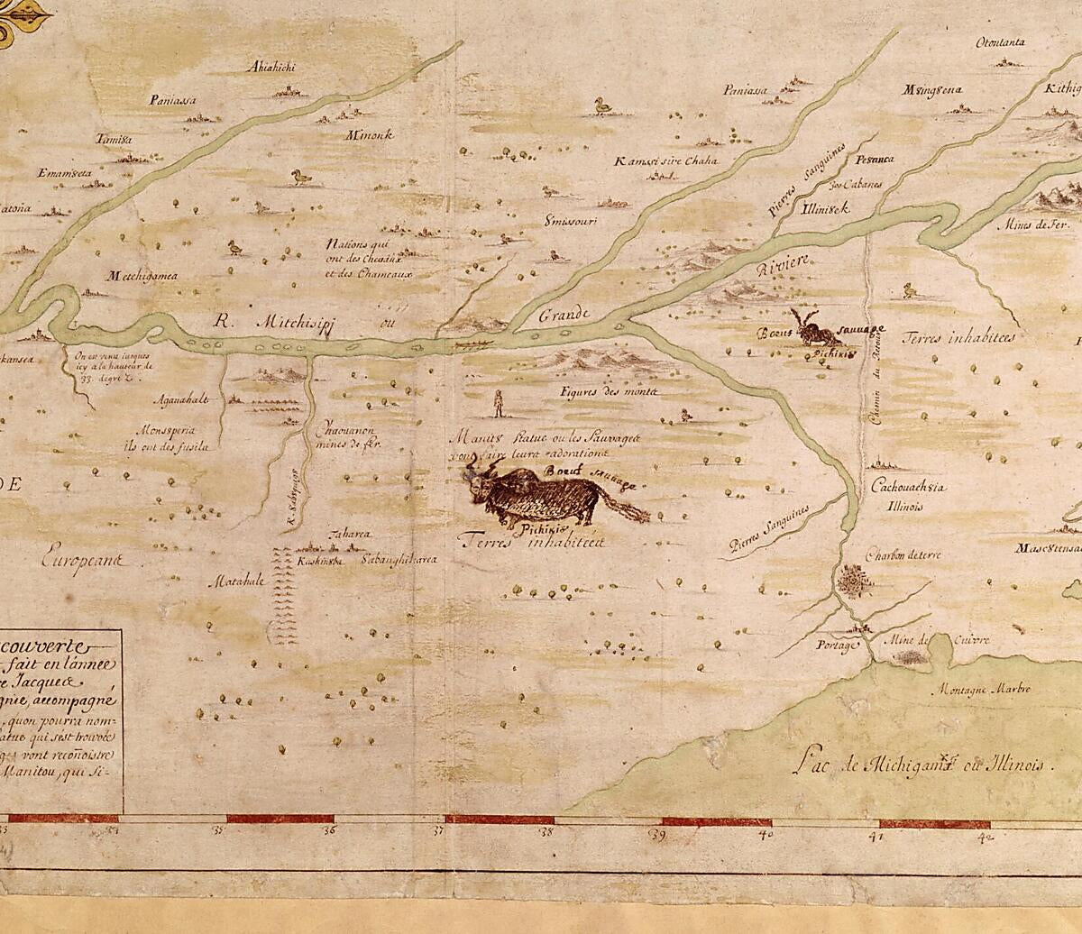This old map of Map of the New Discovery Made by the Jesuit Fathers In 1672 and Continued by Father Jacques Marquette, from the Same Group, Accompanied by a Few Frenchmen In the Year from 1673, Named Manitounie. (Carte De La Nouvelle Découverte Que Les