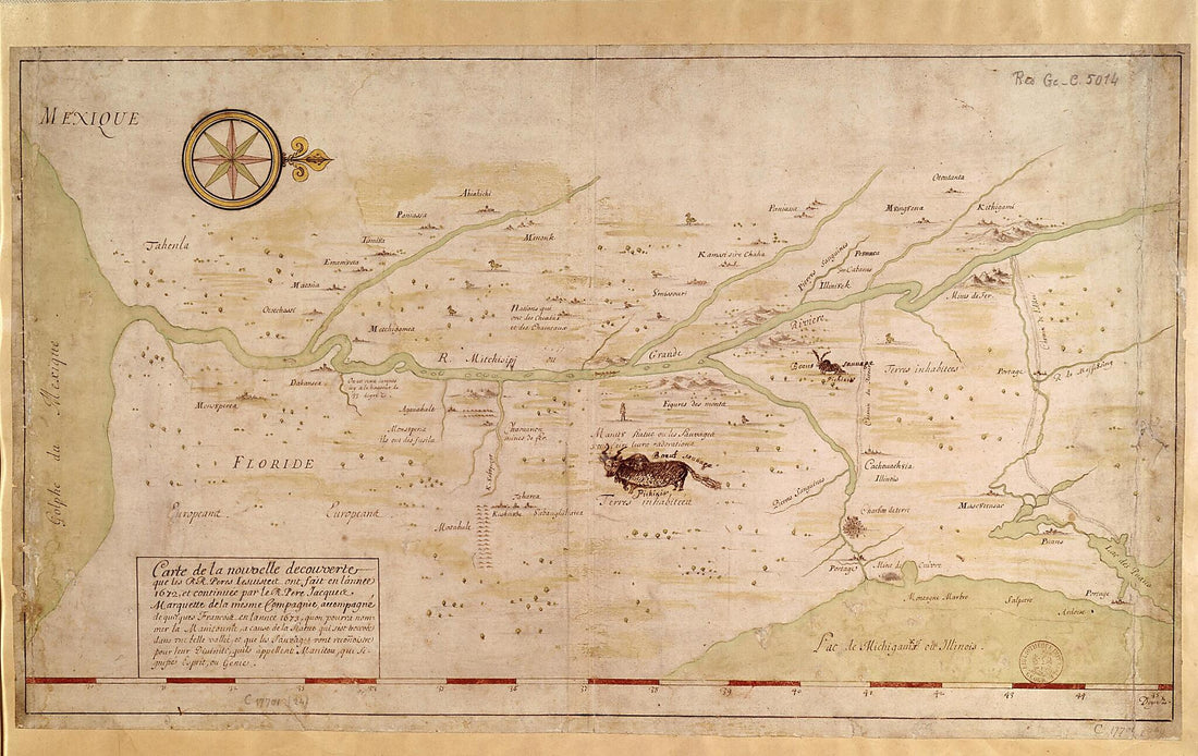 This old map of Map of the New Discovery Made by the Jesuit Fathers In 1672 and Continued by Father Jacques Marquette, from the Same Group, Accompanied by a Few Frenchmen In the Year from 1673, Named Manitounie. (Carte De La Nouvelle Découverte Que Les