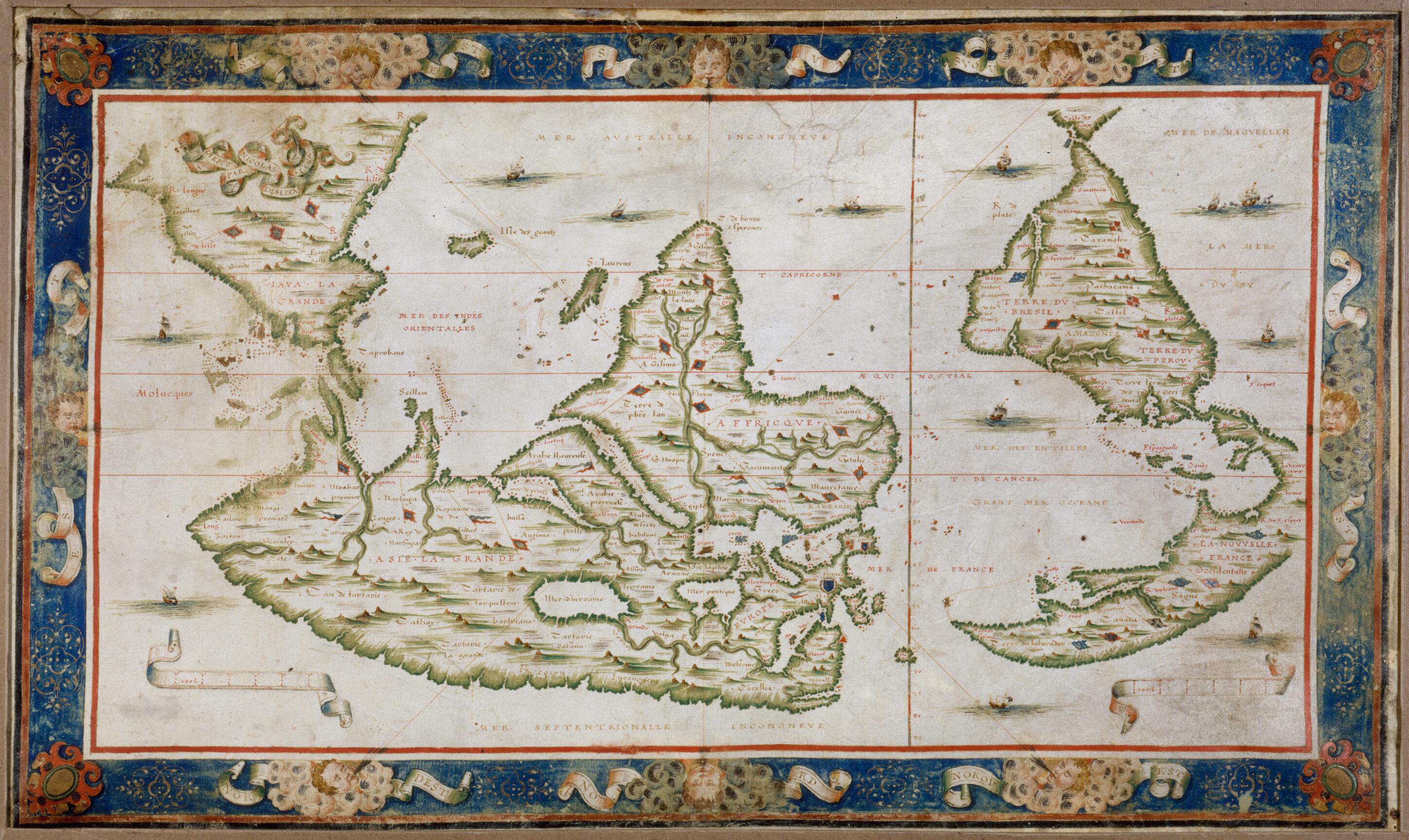 This old map of World Map, from 1566 was created by Nicolas Desliens in 1566