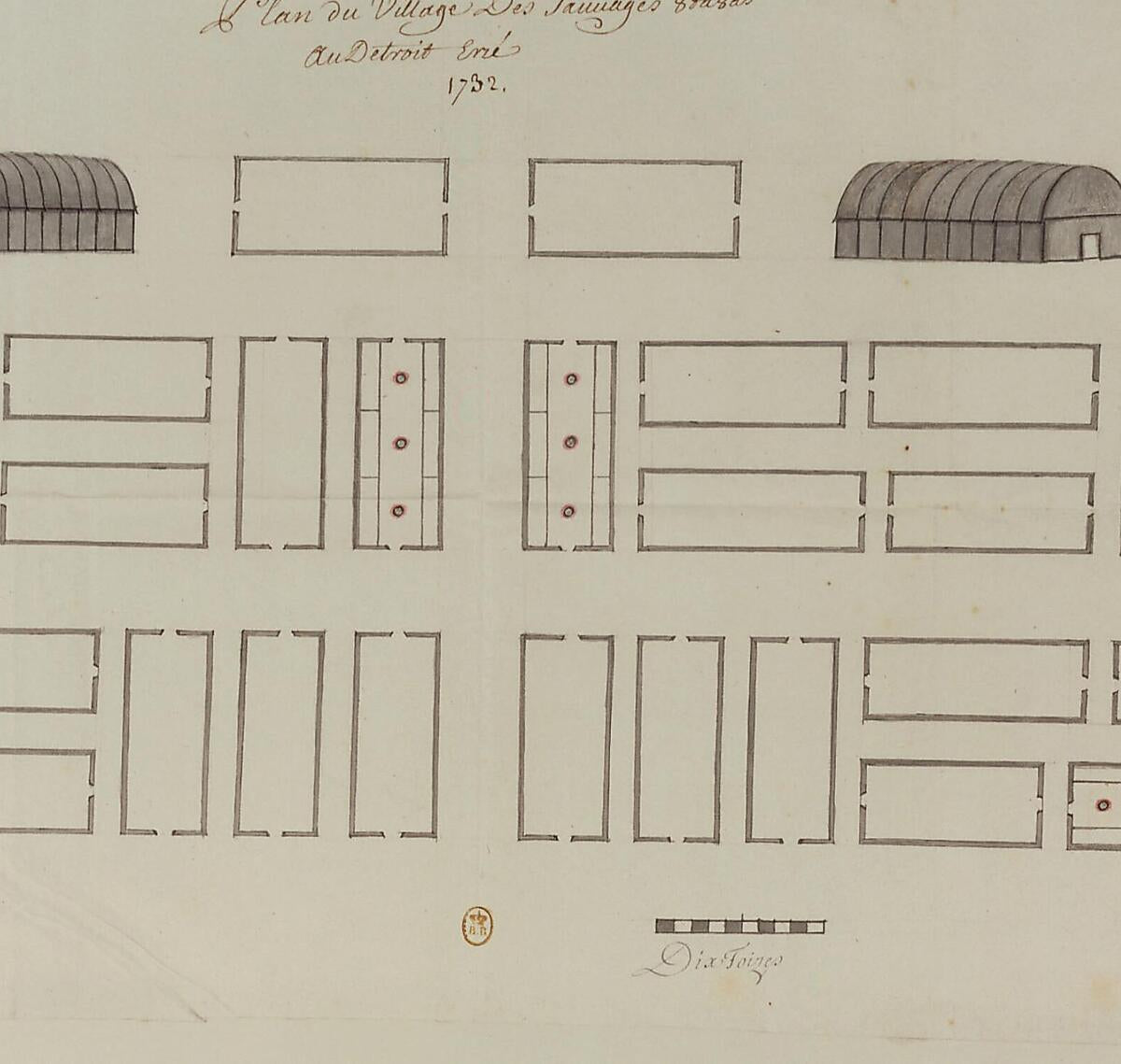 This old map of Map of the Village of the Ottawa Savages, at the Erie Strait, from 1732. (Plan Du Village Des Sauvages Outaouas, Au Détroit Erié, from 1732) was created by  in 1732