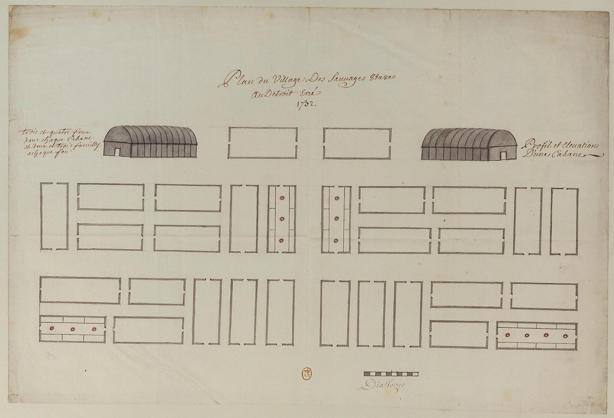 This old map of Map of the Village of the Ottawa Savages, at the Erie Strait, from 1732. (Plan Du Village Des Sauvages Outaouas, Au Détroit Erié, from 1732) was created by  in 1732