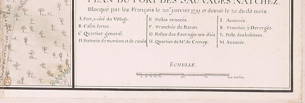 This old map of Plan of the Natchez Fort, Blockaded by the French On January 20, from 1731, and Destroyed On the 25th of Said Month. (Plan Du Fort Des Sauvages Natchez Blocqué Par Les François Le 20e Janvier from 1731 Et Détruit Le 25 Du Dit Mois) was