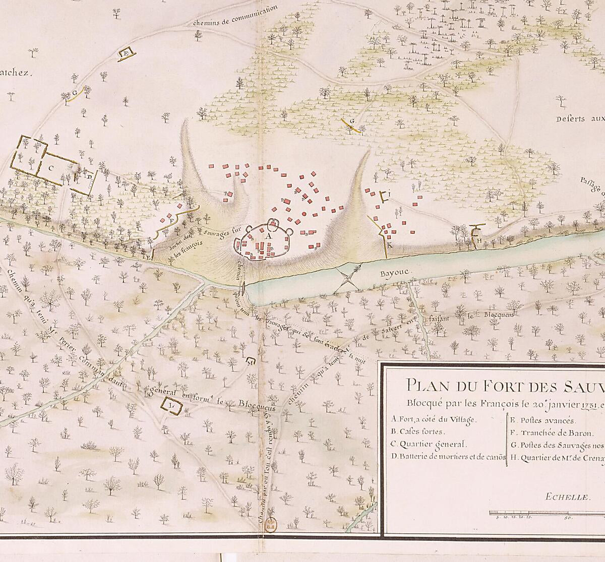 This old map of Plan of the Natchez Fort, Blockaded by the French On January 20, from 1731, and Destroyed On the 25th of Said Month. (Plan Du Fort Des Sauvages Natchez Blocqué Par Les François Le 20e Janvier from 1731 Et Détruit Le 25 Du Dit Mois) was