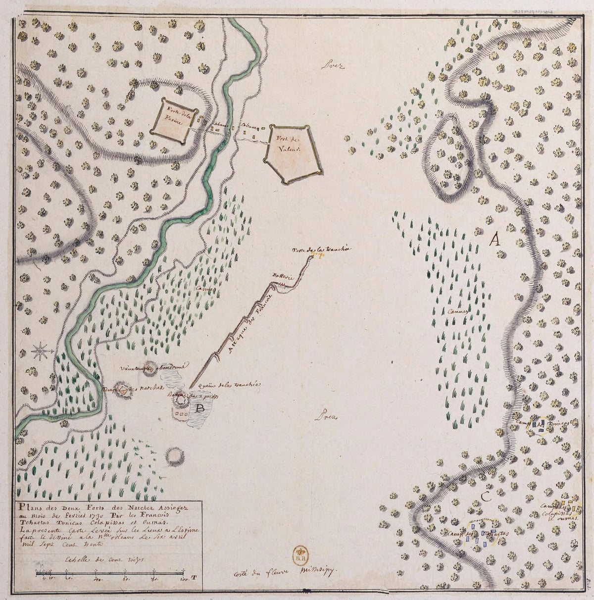 Plans Des Deux Forts Des Natchez Assiegez Au Mois De Fevrier in 1730 Par Les Français Tchactas Tonicas Colapissas Et Oumas. La Présente Carte Levée Sur Les Lieux à L&