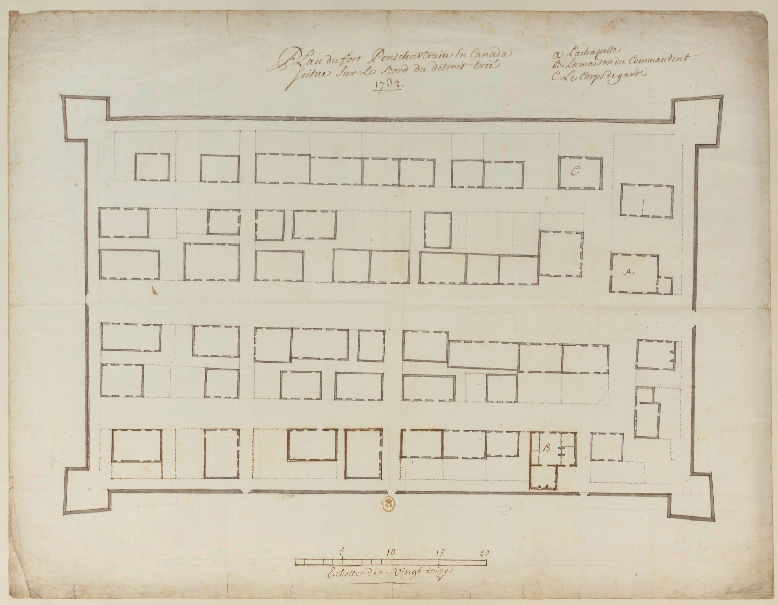 This old map of Map of Fort Pontchartrain In Canada, On the Strait of Lake Erie. (Plan Du Fort Pontchartrain En Canada Situé Sur Le Bord Du Détroit Erié) from 1732 was created by in 1732