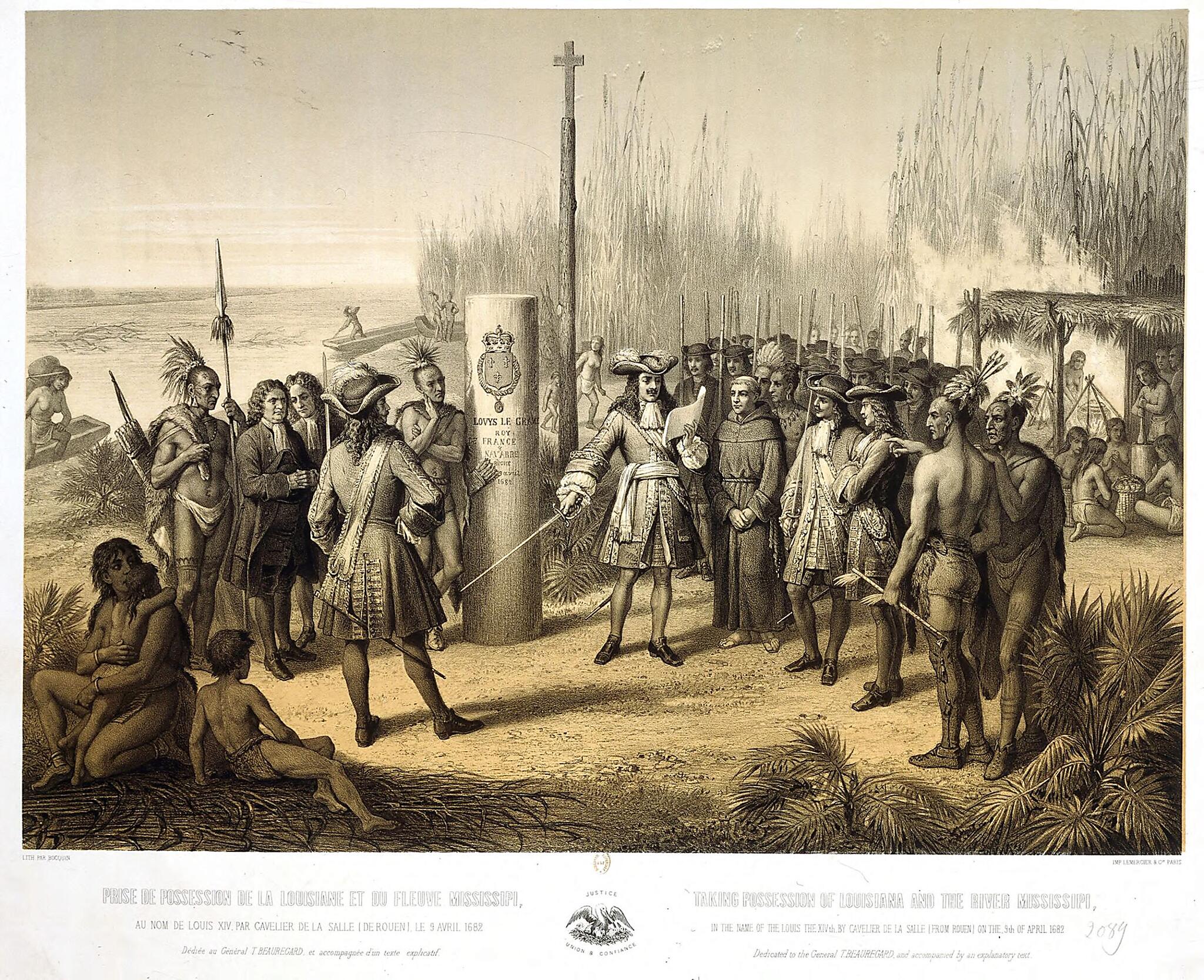 This old map of Taking Possession of Louisiana and the Mississippi River, In the Name of Louis XIVth, by Cavelier De La Salle From Rouen On April 9, 1682. (Prise De Possession De La Louisiane Et Du Fleuve Mississipi, Au Nom De Louis XIV, Par Cavelier De