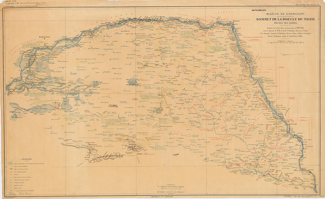 This old map of Top of the Niger Bend, Lakes Region, As Observed During the Gironcourt Mission. (Mission De Gironcourt. Sommet De La Boucle Du Niger. Région Des Mares) from 1912 was created by Dufrénoy (Firm), Geographical Society (France), Georges D