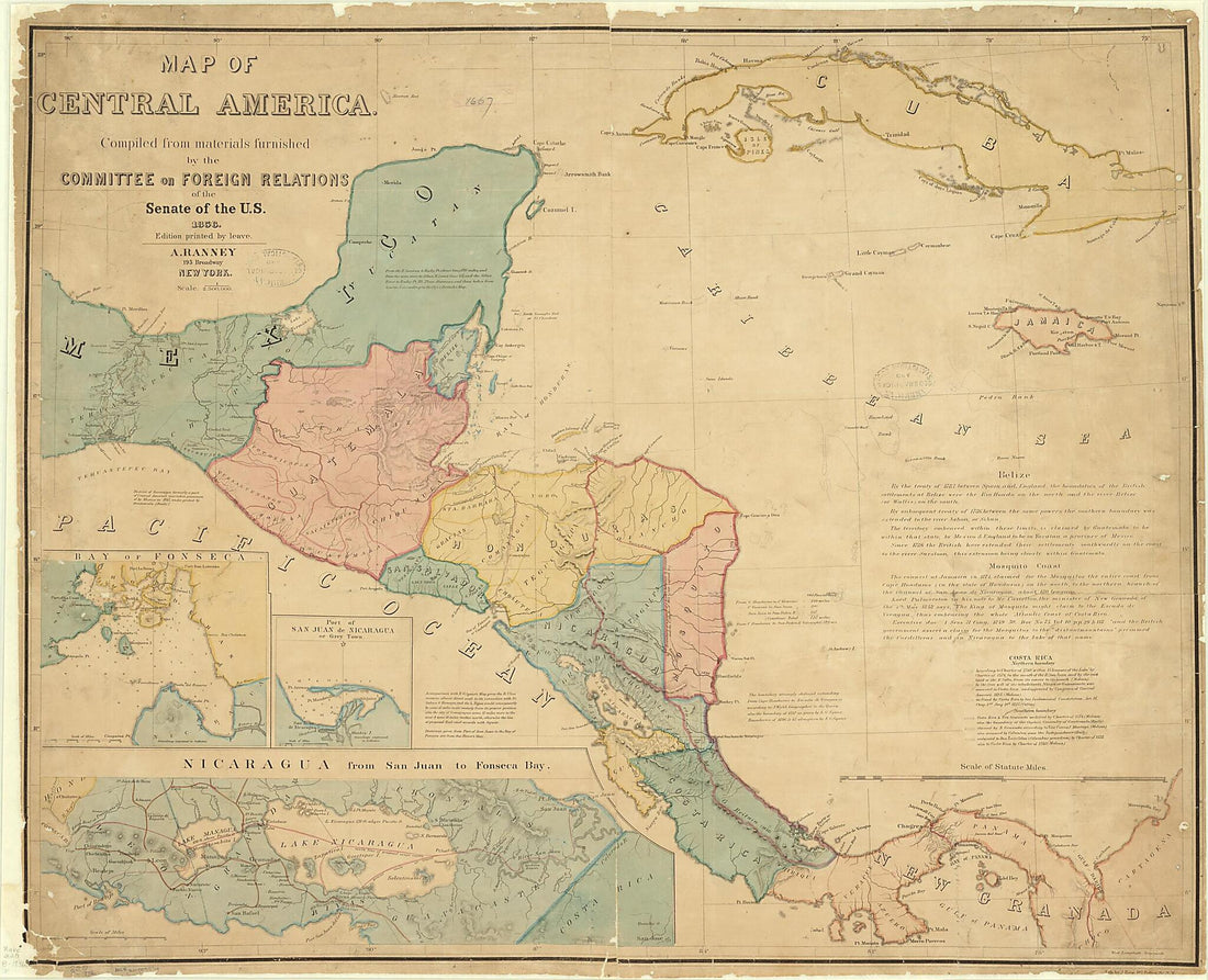 This old map of Map of Central America, from 1856. (Map of Central America) was created by Julius Bien and Company, Adolphus Ranney, United States Coast and Geodetic Survey, United States. Congress. Senate. Committee on Foreign Relations in 1856