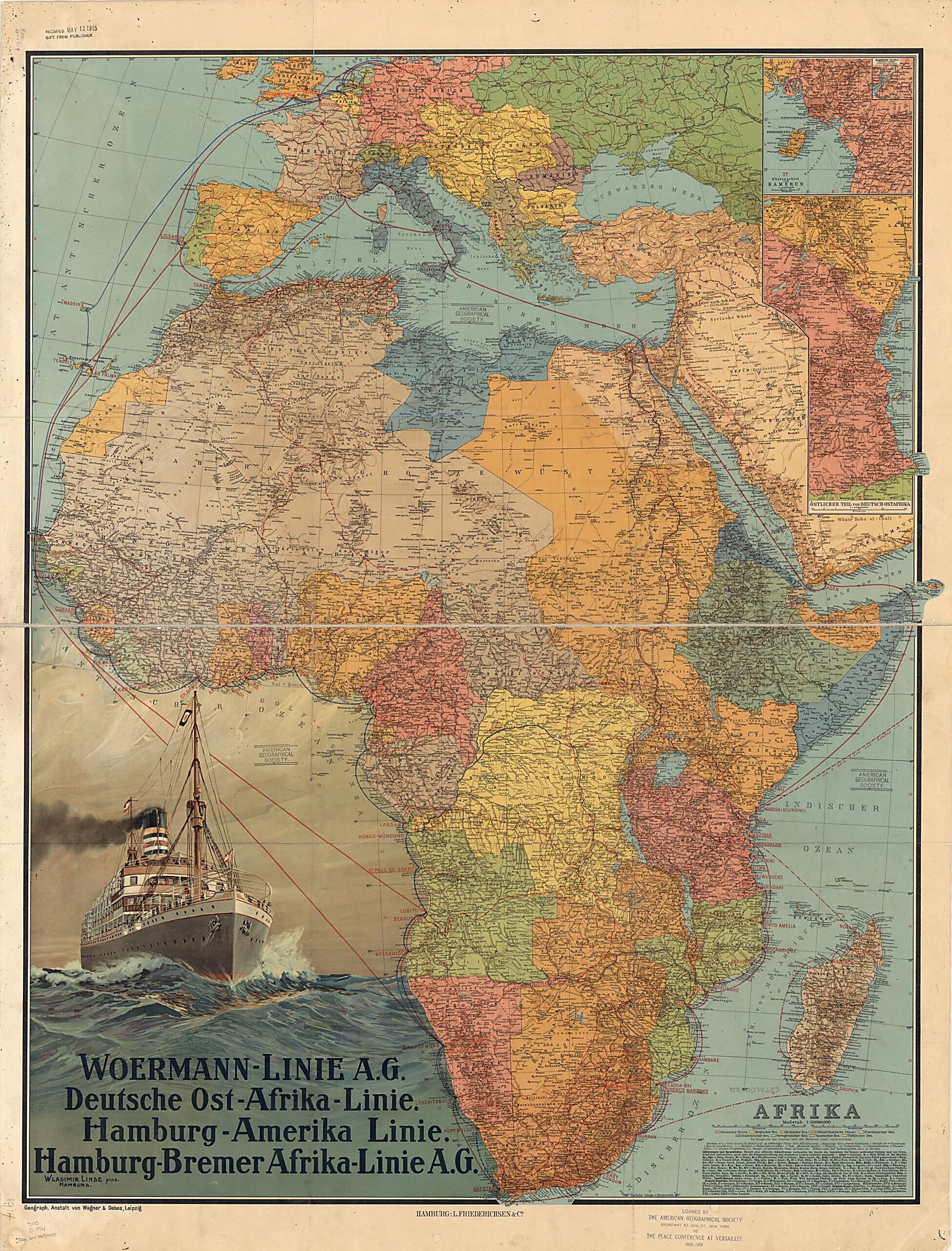 This old map of Africa, from 1914. (Afrika) was created by Vladimir V. Linde, Wagner & Debes in 1914