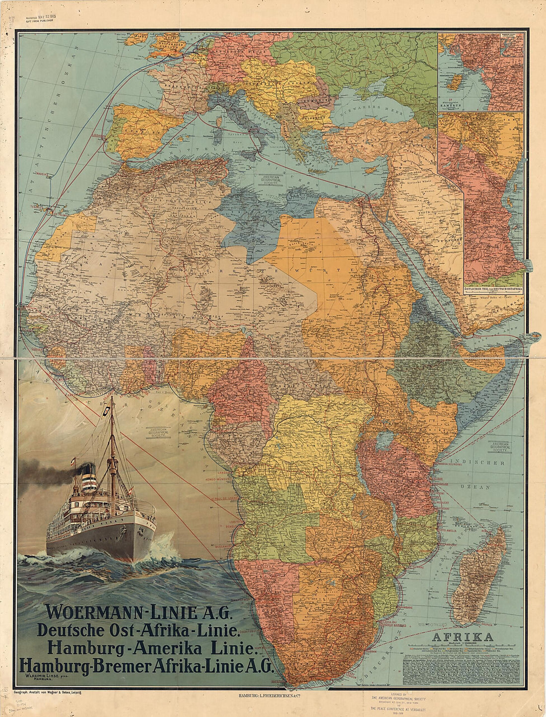 This old map of Africa, from 1914. (Afrika) was created by Vladimir V. Linde, Wagner & Debes in 1914