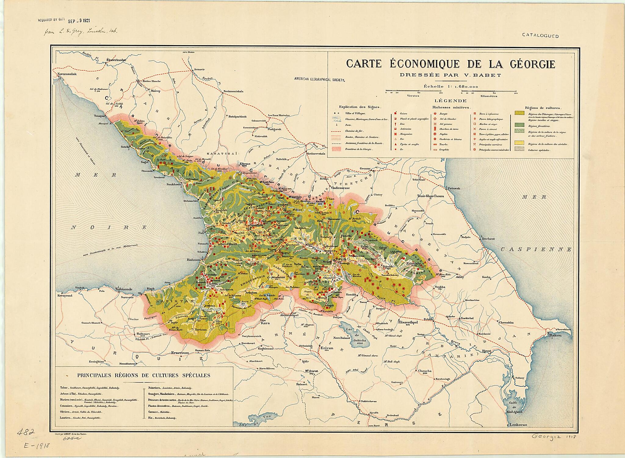 This old map of Economic Map of Georgia. (Carte économique De La Géorgie) from 1918 was created by Victor Babet, Lobrot (Firm) in 1918