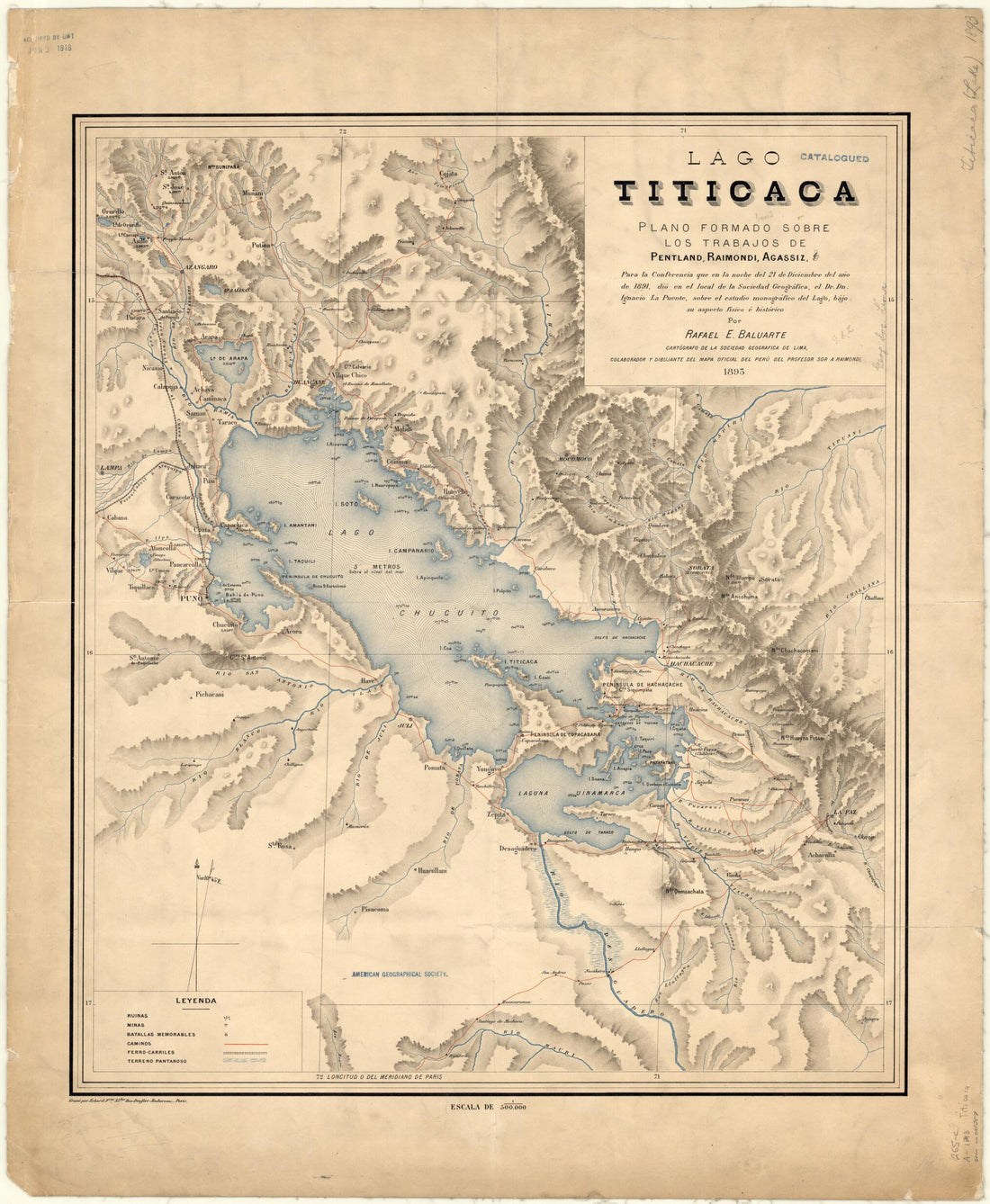 This old map of Lake Titicaca. (Lago Titicaca) from 1893 was created by Rafael E. Baluarte, Erhard (Firm), D. Ignacio La Puente in 1893