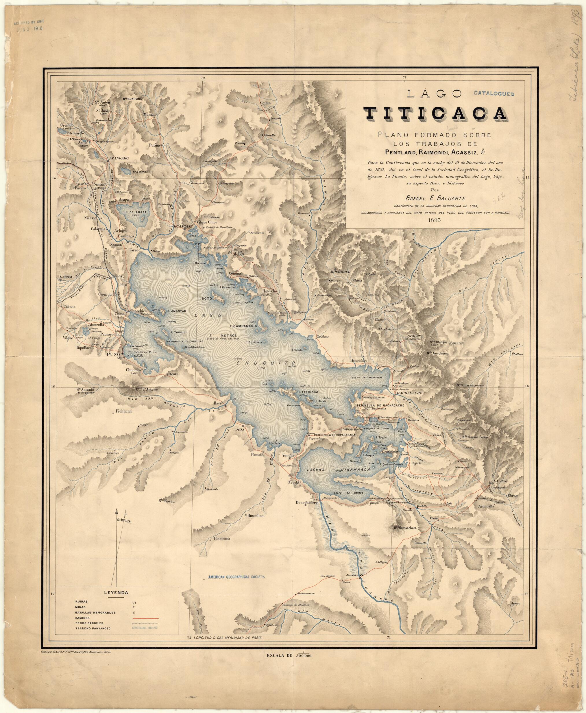 This old map of Lake Titicaca. (Lago Titicaca) from 1893 was created by Rafael E. Baluarte, Erhard (Firm), D. Ignacio La Puente in 1893