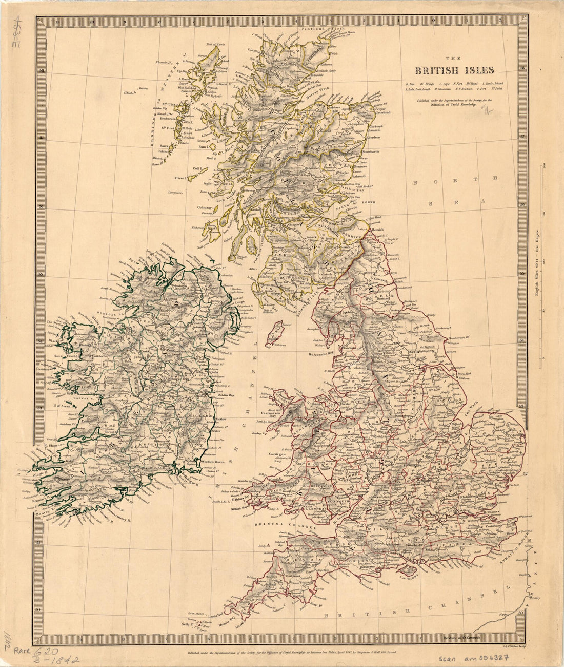 This old map of The British Isles from 1842 was created by J. & C. Walker, Society for the Diffusion of Useful Knowledge (Great Britain) in 1842