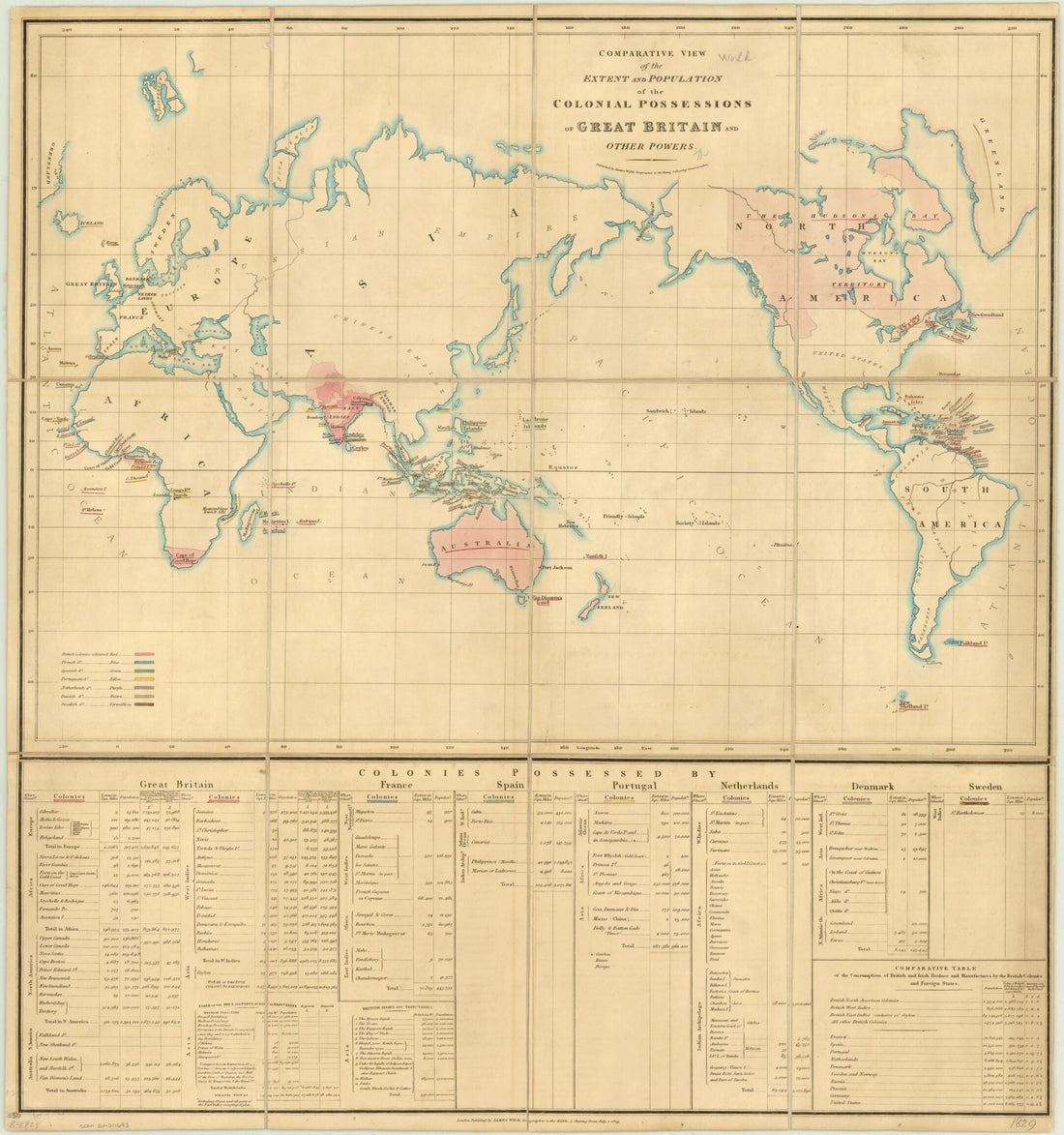 This old map of Comparative View of the Extent and Population of the Colonial Possessions of Great Britain and Other Powers from 1829 was created by James Wyld in 1829
