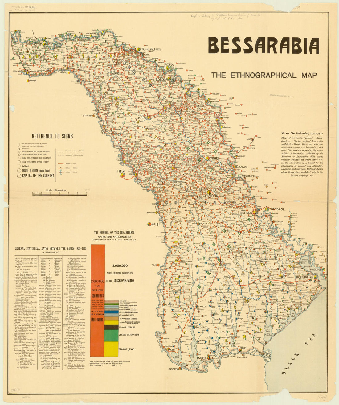 This old map of Bessarabia, the Ethnographical Map from 1919 was created by American Relief Administration, John Kaba in 1919