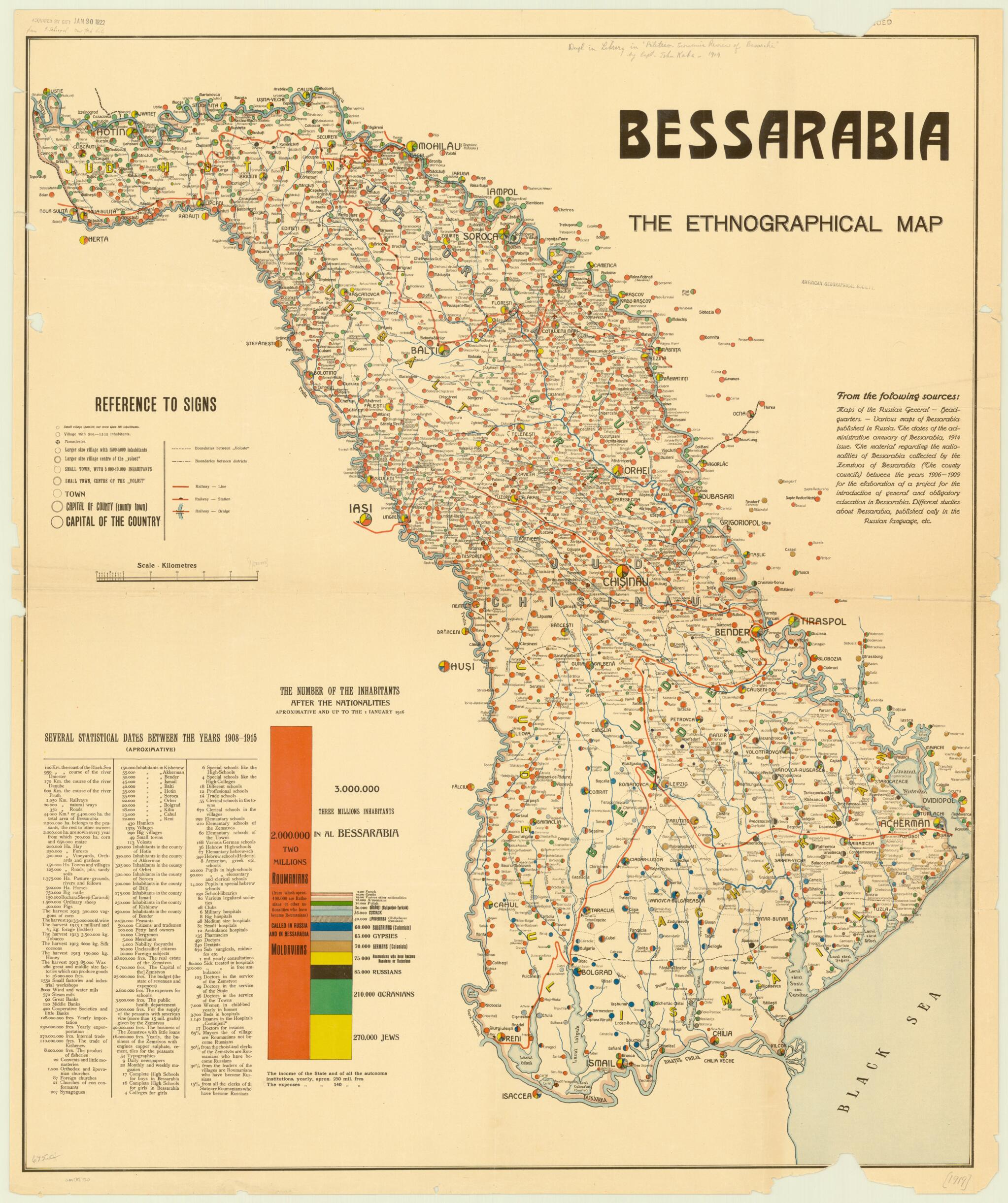 This old map of Bessarabia, the Ethnographical Map from 1919 was created by American Relief Administration, John Kaba in 1919