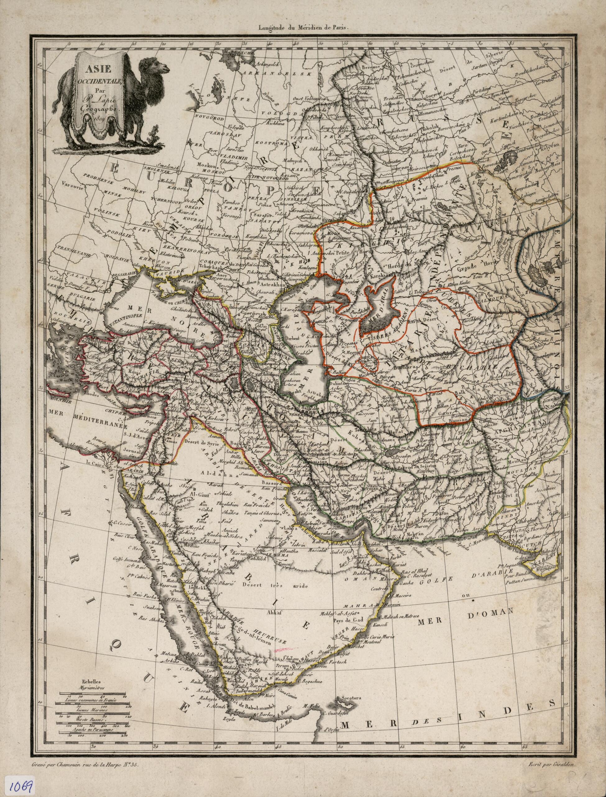 This old map of Western Asia. (Asie Occidentale) from 1809 was created by Jean Baptiste Marie Chamouin, Mrs Diot, Flourished Bovinet, M. (Pierre) Lapie, Conrad Brun, 19th Century in 1809